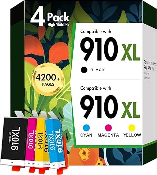 910XL 910 8020 Ink Cartridges Black and Color Combo Pack for HP Printers | Compatible for HP910XL Ink Cartridges for HP Printer OfficeJet Pro 8010 8025 8030 8035 8028 8022 8018 Series 4 Pack