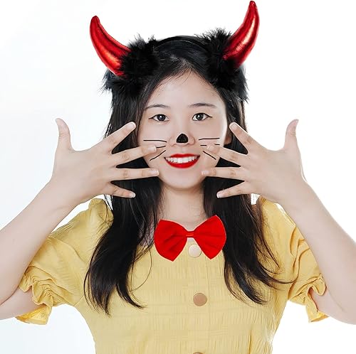 Miniatura 5 de Conjunto de disfraz de diablo de Halloween, diadema de cuerno de diablo rojo, cola de diablo, horca de diablo, pajarita, moño demonio, cosplay,