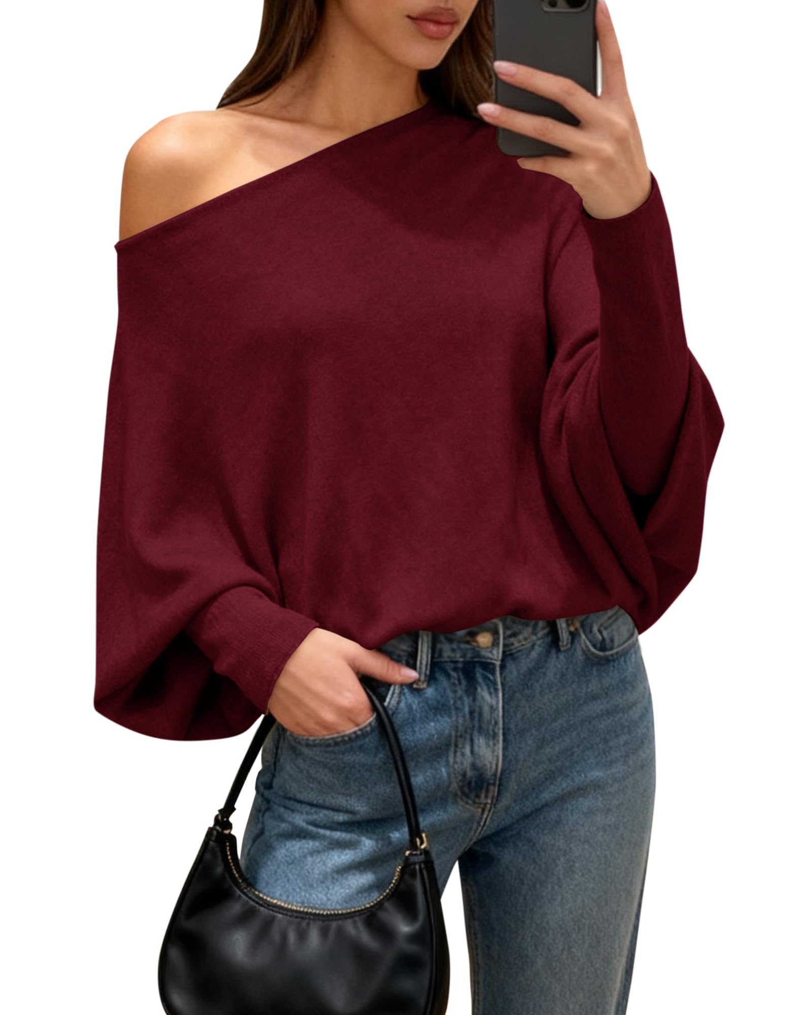 BTFBM Casual Sweaters for Women Fall Fashion 2025 Off The Shoulder Sweater Solid Knitted Pullover Loose Jumper Tops