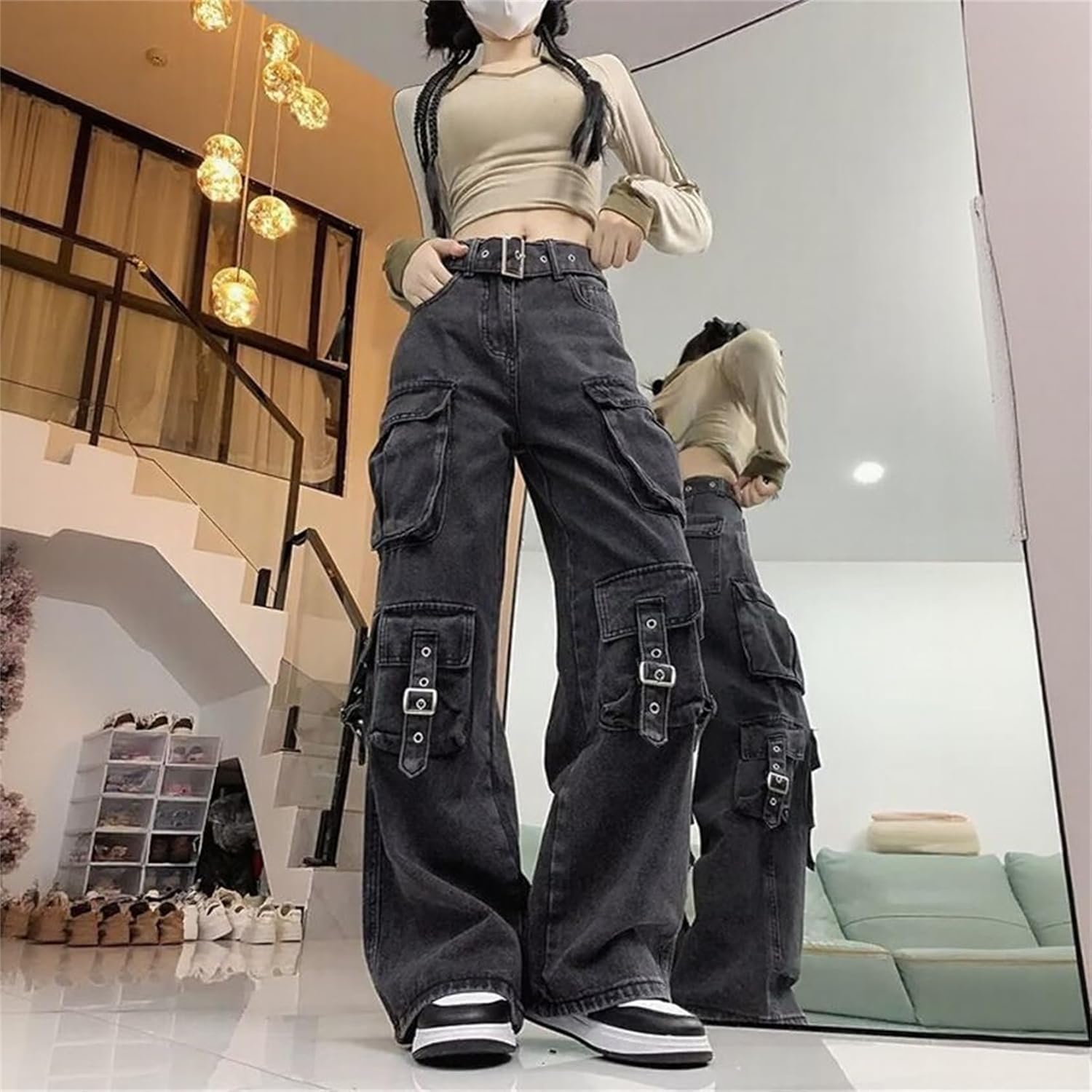 Women Trendy Alt Cargo Jeans Wide Leg Pants - 70s Mid Waist Buckle Lounge Pockets Loose Goth for Travel Going Out