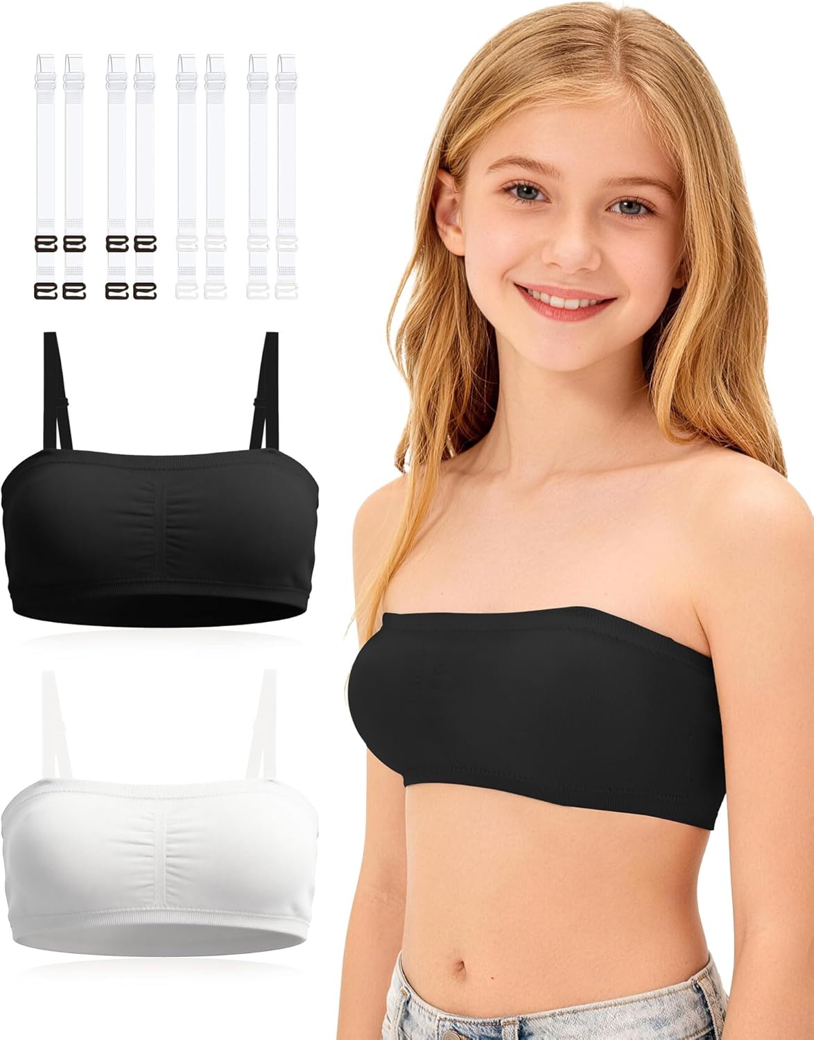 iMuchic Girls Strapless Dance Bra with Adjustable Clear Straps, Nude Seamless Ballet Bandeau Tube Top Training Bralette 7-16Y