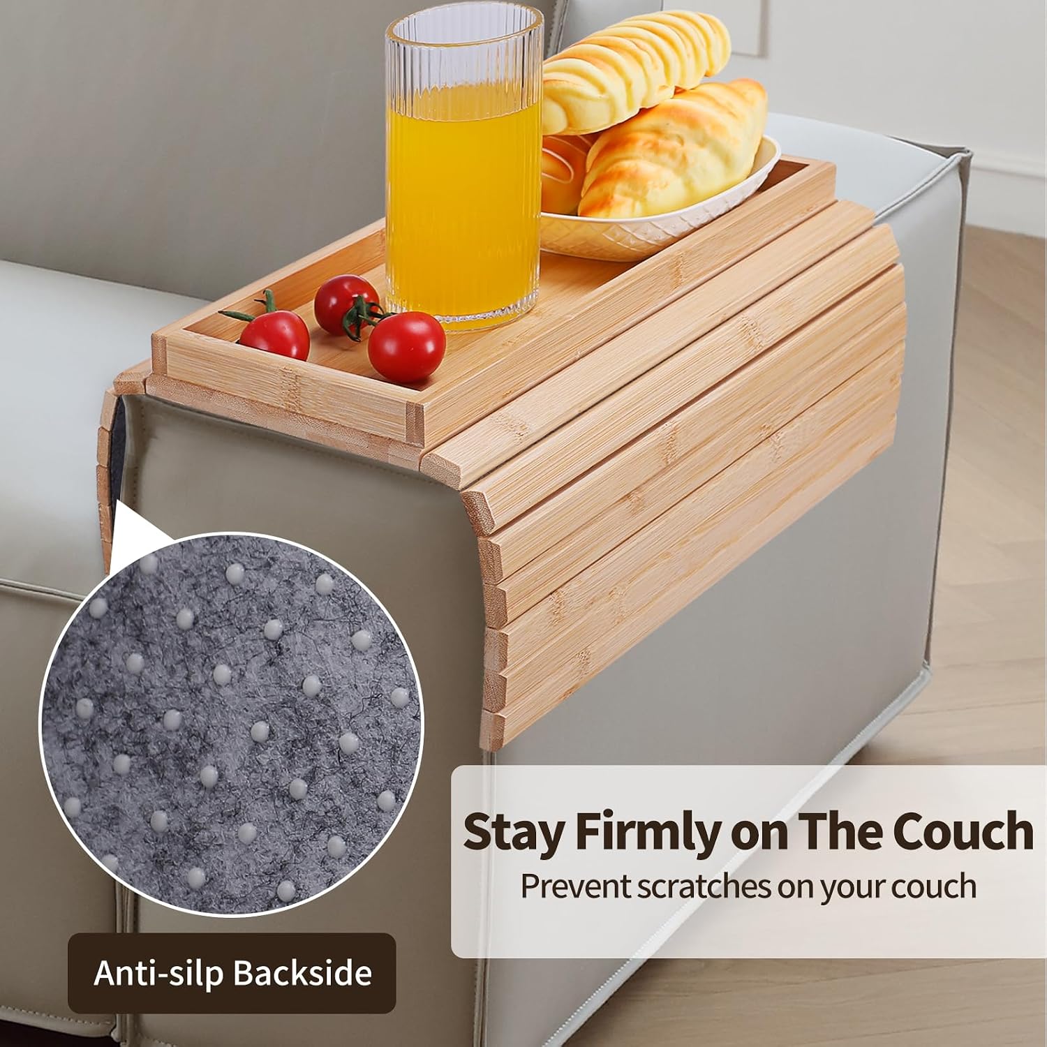 Bamboo Sofa Arm Tray Foldable Couch Arm Tray Anti-Slip Armrest Cup Holder For Couch For Drinks Snacks Phone Remote image 4