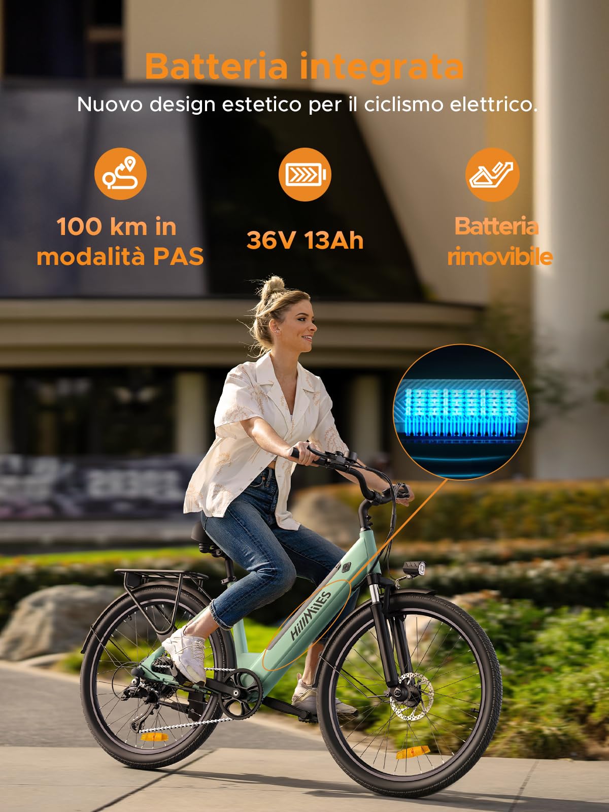 HillMiles Bici Elettrica Per Adulti Da 26", 7 Velocità Bicicletta Elettrica da 36V 13Ah Batteria Rimovibile, 25km/h & Autonomia di 80-100km E-bike Per Pendolari Urbani, IP65 impermeabile