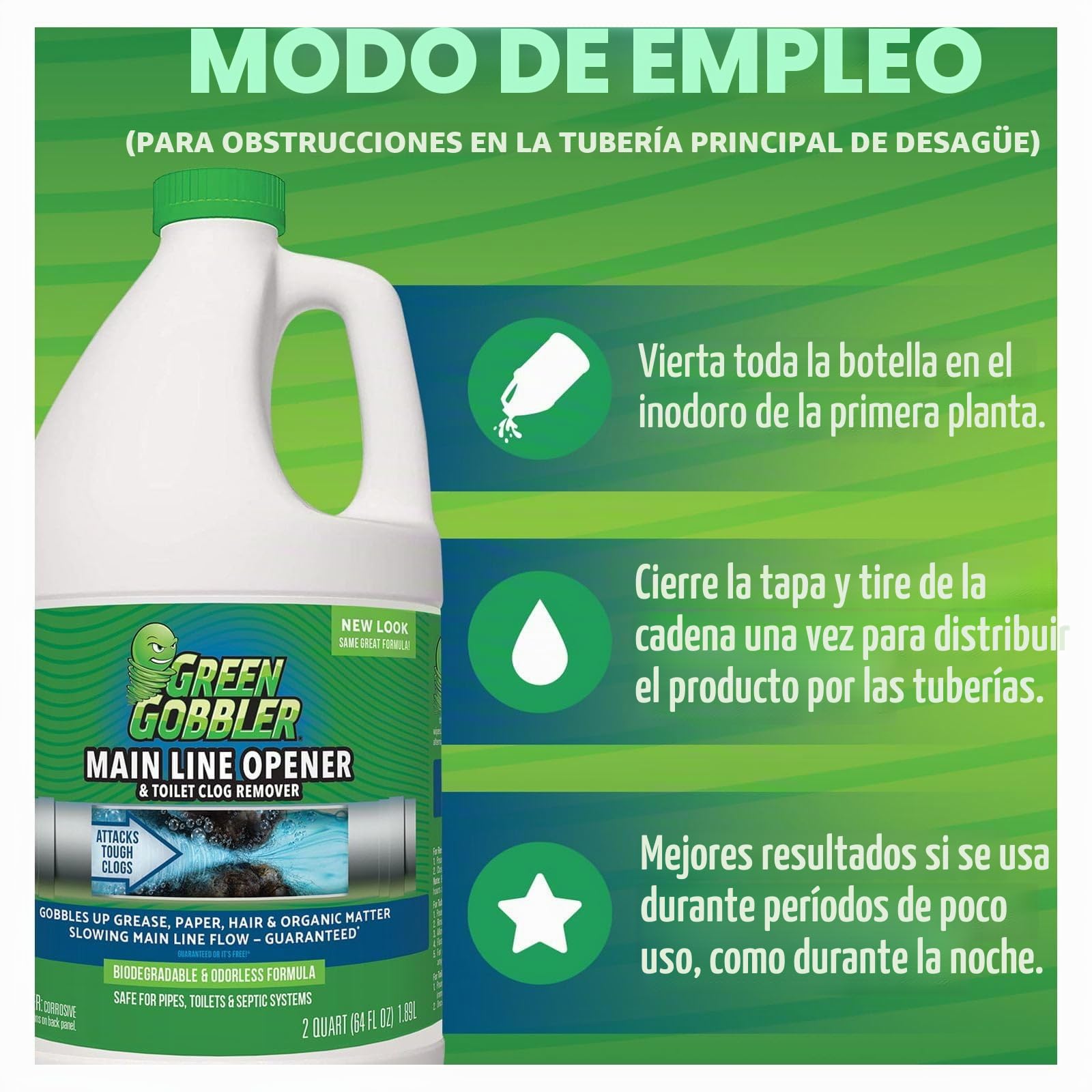 Green Gobbler Última abridor de drenaje principal de drenaje + removedor limpiador + estorbo del pelo - 64 oz (líneas principales, fregaderos, bañeras, lavabos, duchas, fregaderos de cocina)