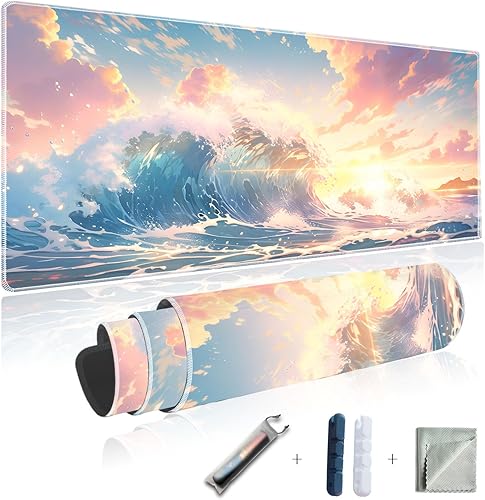 Alfombrilla de mouse para computadora portátil para videojuegos, olas marinas, teclado de PC, impermeable y antideslizante, 31.5 x 11.8 pulgadas,