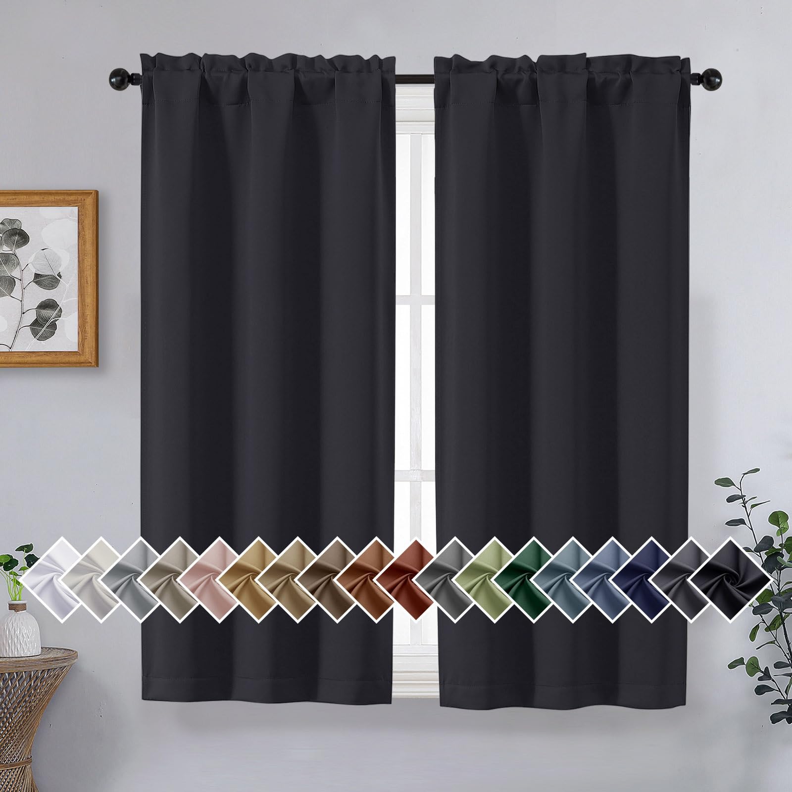 OVZME Black Short Blackout Curtains for Bedroom 45 Inches Long 2 Panels Set, Solid Thermal Insulated Blackout Curtains, Energy Saving Soft Fabric Window Drapes, Dual Rod Pocket, 2x40Wx45L Inches