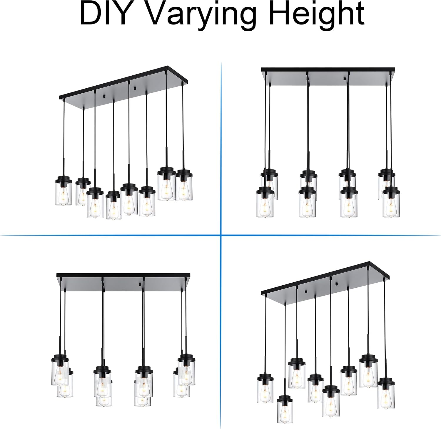 MELUCEE 8 Lights Linear Chandelier Lighting Black Island Light for Kitchen, 31.5 Inches Cluster Pendant Light Fixtures Hanging Foyer Lighting Dining Room Lights with Clear Glass Shade