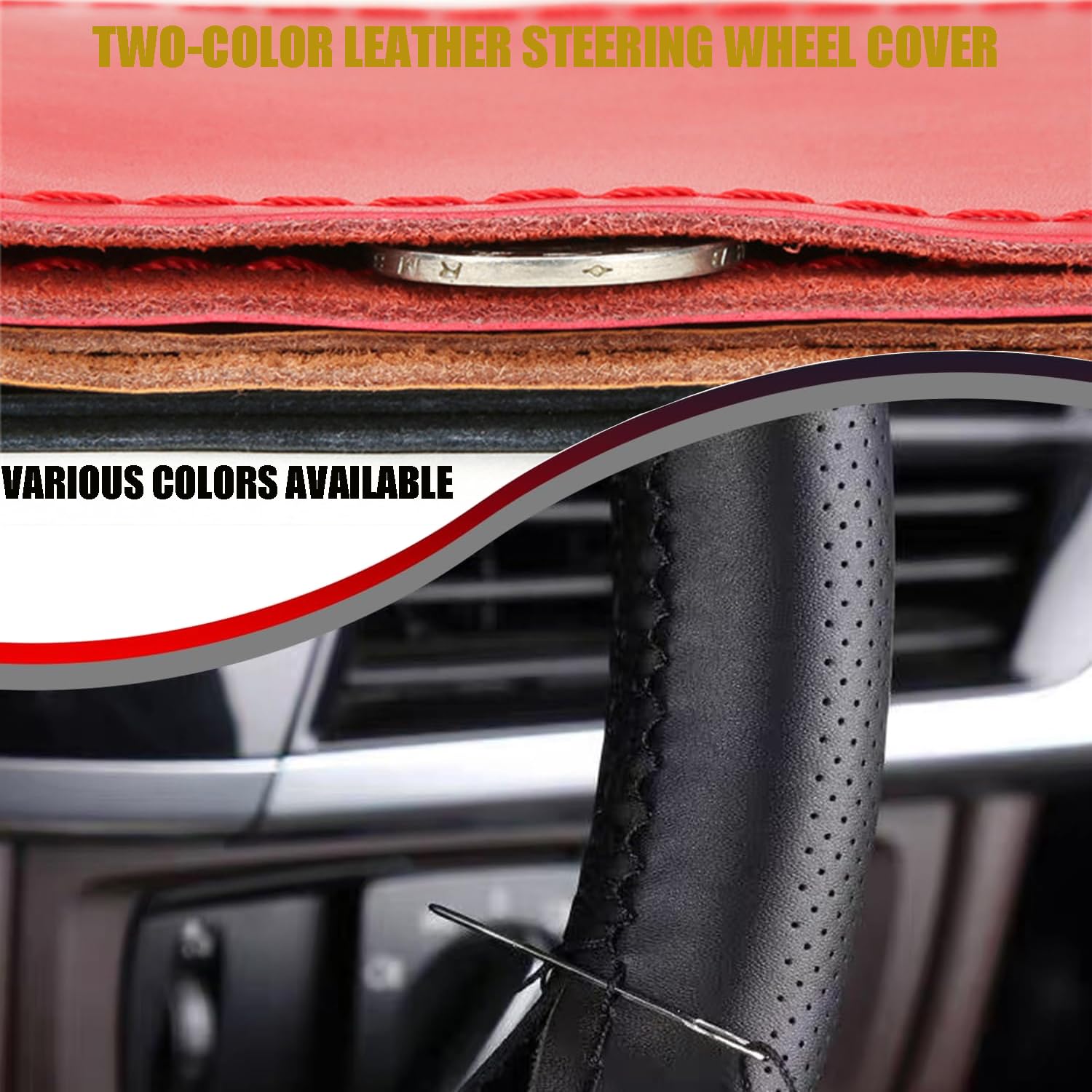 Echtes Leder Lenkradbezug, Lenkradbezug Zum Nähen, Lenkradbezug Leder Universal Passform 37-39 cm Autolenkräder, Zweifarbiger Lenkradbezug aus Leder (Rote Linie, Schwarz)