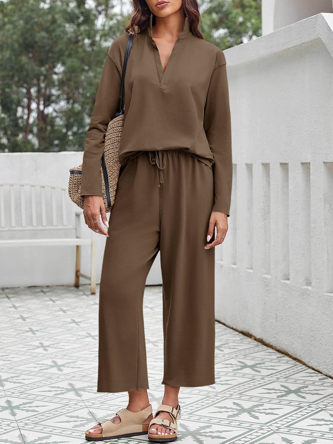 Imily Bela Womens 2 Piece Sweatsuit Long Sleeve Top and Wide Leg Pants