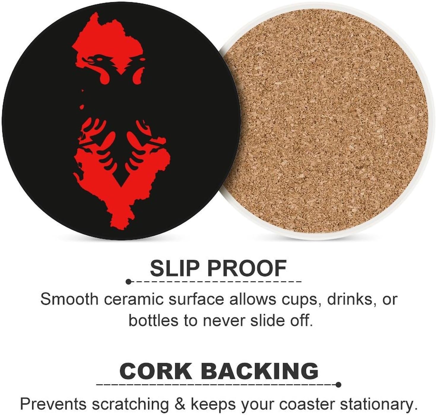 Flag Map of Albania Round Ceramic Coasters for Drinks Absorbent Cup Holder Tabletop Protector with Cork Base