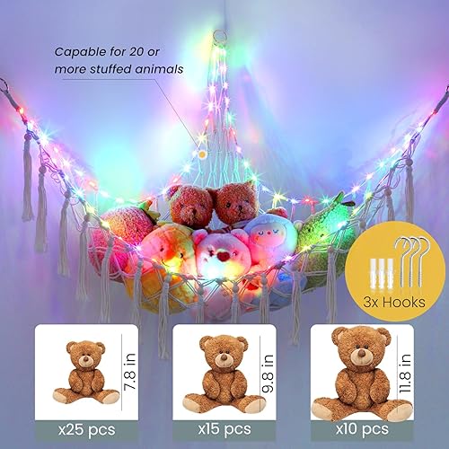 Miniatura 6 de Hamaca de animales de peluche con 20 colores cambiantes, 75 LED, hamaca de macramé de almacenamiento extra grande de 55 pulgadas con control remoto