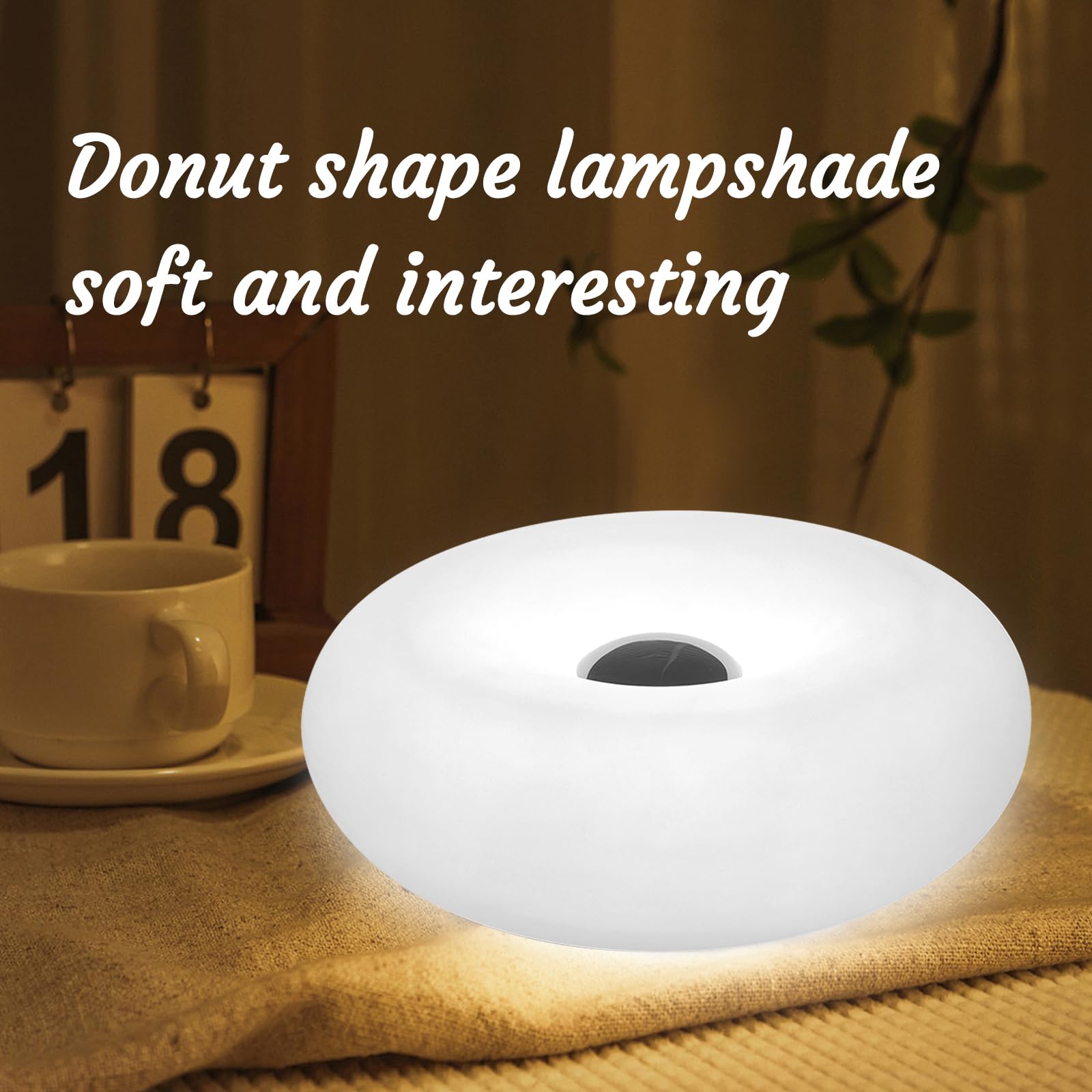 Moderne Donut-Tischlampe im Designer-Design, LED-Nachttischlampe mit strapazierfähigem Lampenschirm, rotationsgeformte kleine dimmbare Nachttischlampe mit 3 Lichtfarben (KEIN Glas) (Weiß)