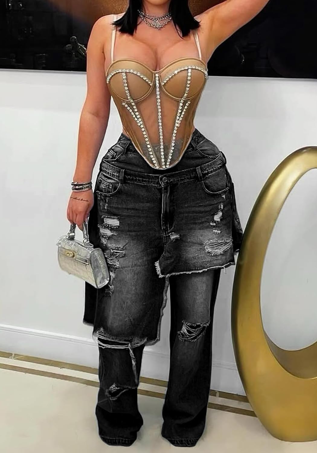Womens Ripped Jeans Baggy High Waisted Straight Wide Leg Asymmetrical Patchwork Distressed Y2K Denim Pants