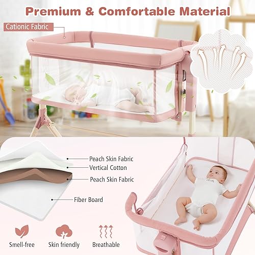 Miniatura 5 de BABY JOY Cuna mecedora 3 en 1 con cesta de almacenamiento, ruedas universales, altura ajustable, colchón, red y bolsa portátil, cuna transportable,