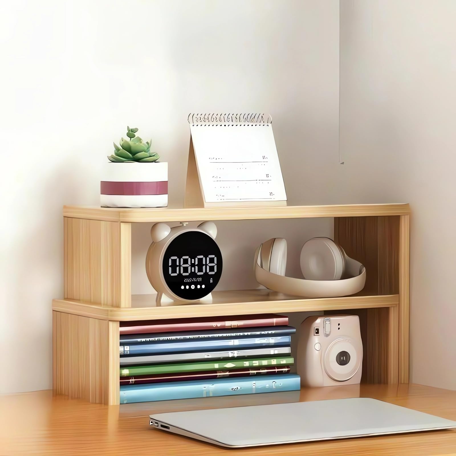 Półka na biurko, 2-poziomowy drewniany regał na książki, minimalistyczny design, E68 (biały, 60 x 17 x 23 cm) - stylowe przechowywanie do domowego biura i gabinetu