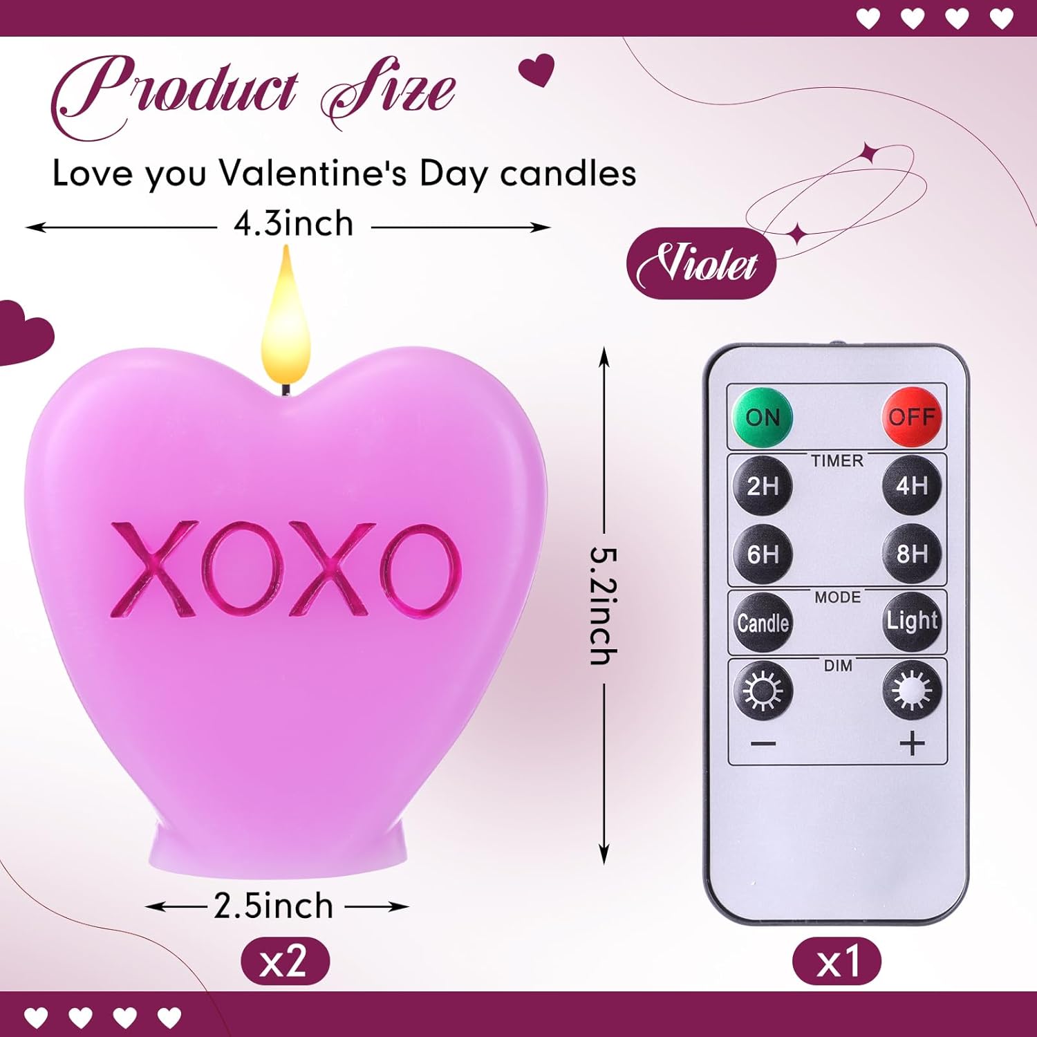 Retisee 2 Pcs Valentines Day Flameless Heart Shaped LED Candles Candy Heart XOXO Candle Romantic Valentine Collection Decor Battery Operated with Remote Handmade for Wedding Anniversary,5.12 Inch