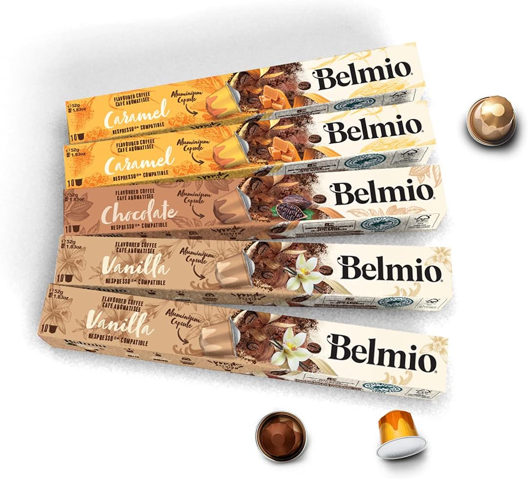 Belmio Coffee Capsules, Flavor Variety Pack, Vanilla Chocolate and Caramel Espresso, 50 count, Aluminum Compatible Capsules