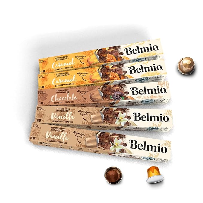 Belmio Coffee Capsules, Flavor Variety Pack, Vanilla Chocolate and Caramel Espresso, 50 Count, Aluminum Nespresso Compatible Capsules