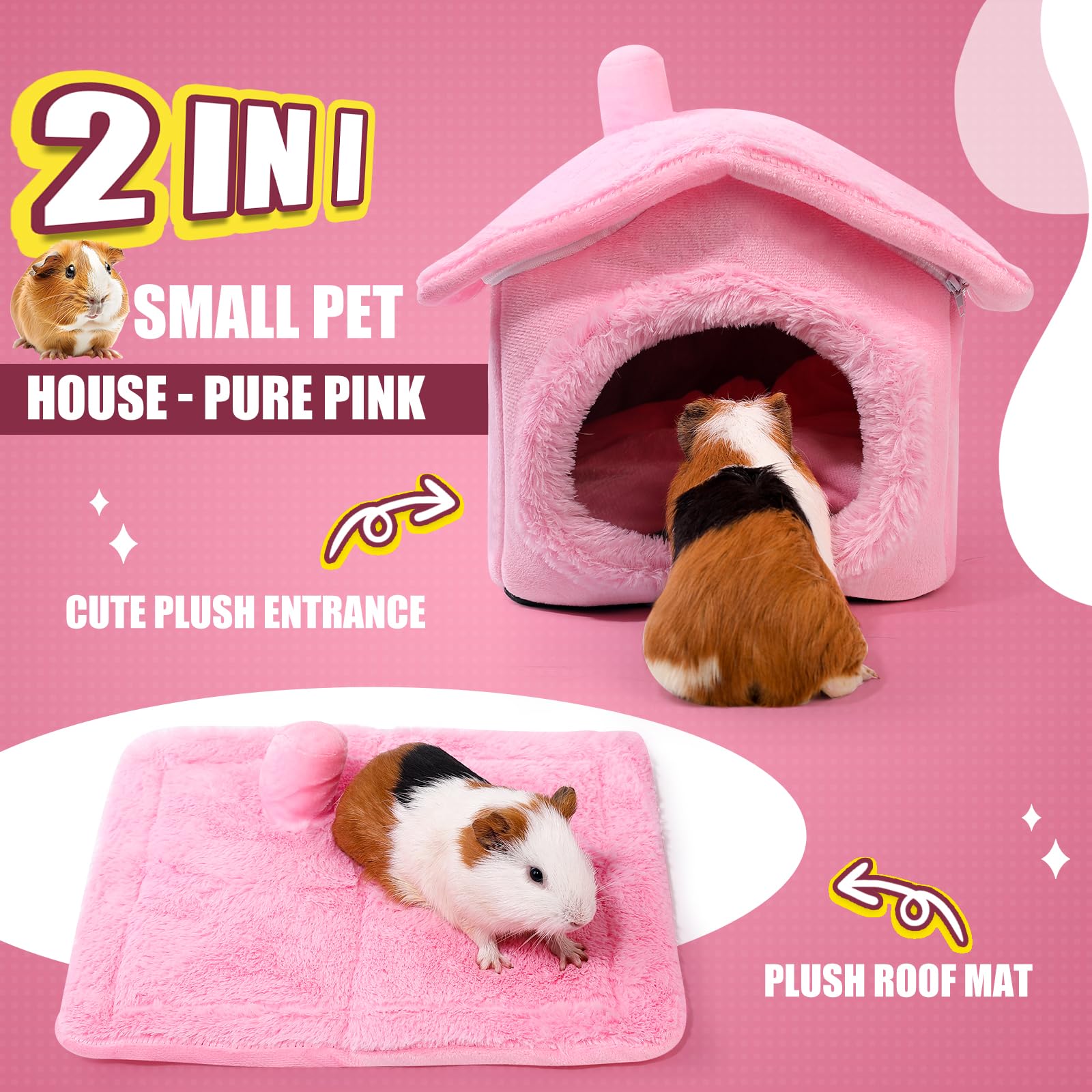 ONEJU Guinea Pig House - Separable Plush Roof, Pig Bed, Hideout, Rabbit & Bunny Hut - Pure Pink, 30 x 30 x 33 cm (L x W x H) - Image 2