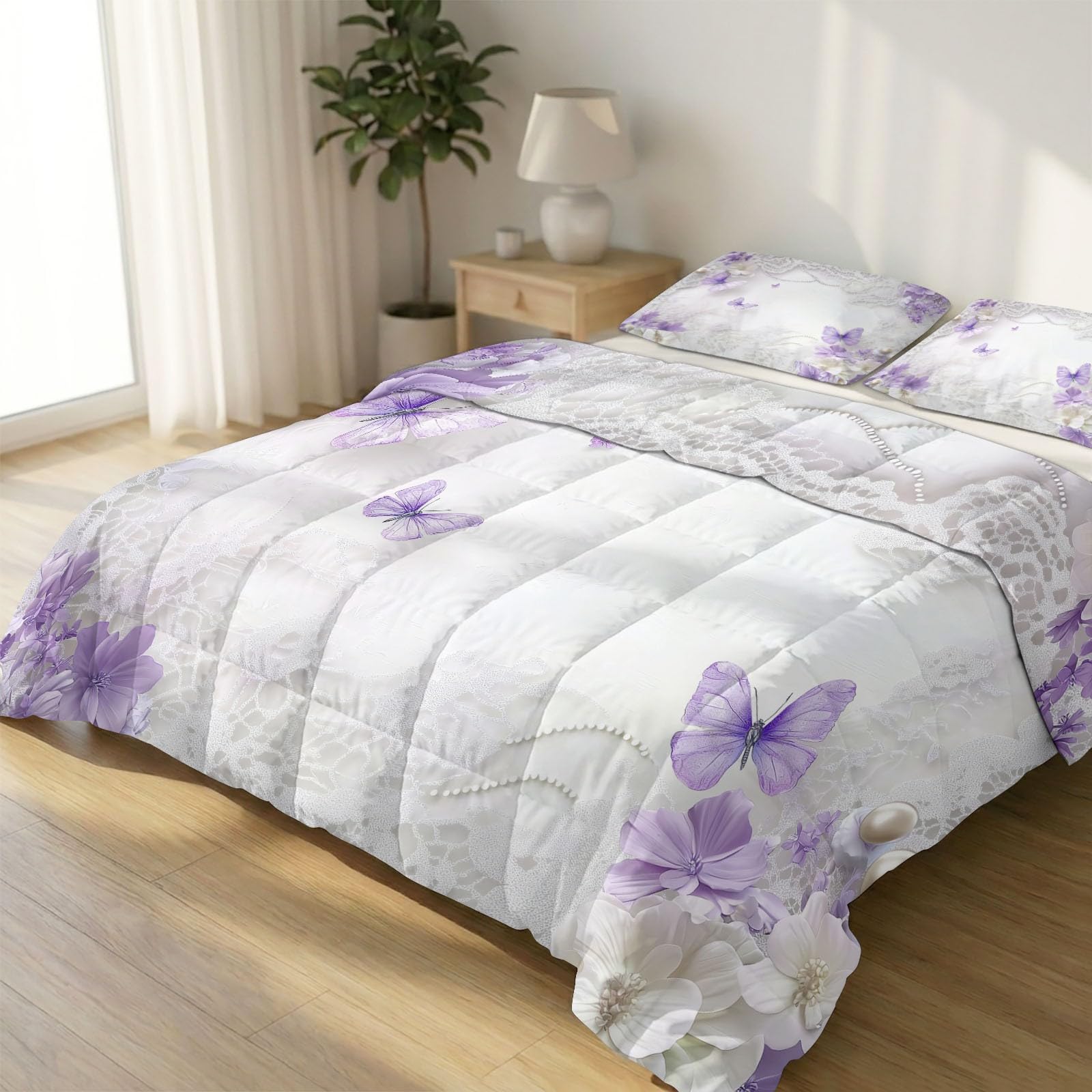 Edredón de 240 x 220 cm reversible floral lila lavable para todo el año y sin funda nórdica