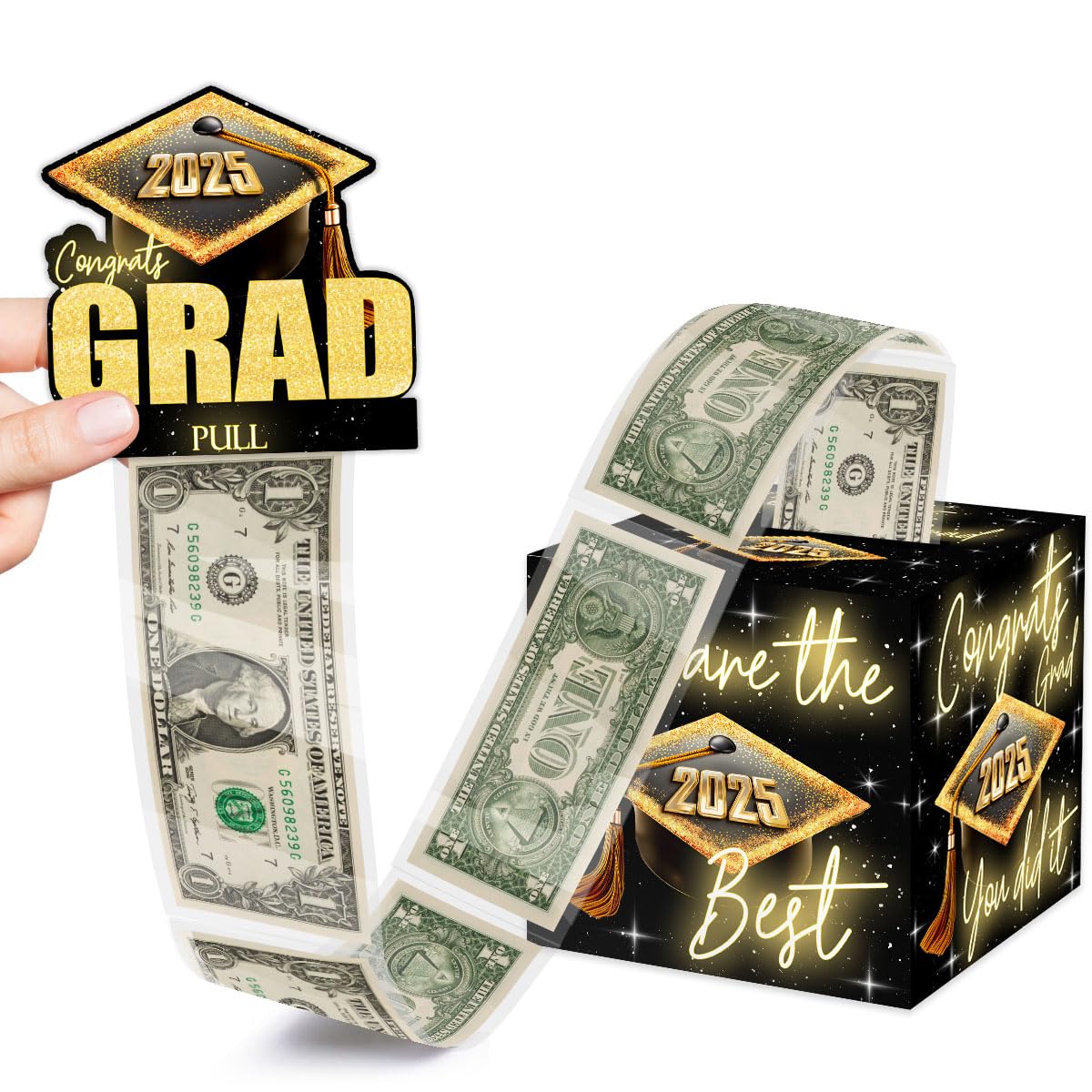 2025 Congrats Grad Money Box for Cash Gift, 2025 You are The Best Money Pull Box for Cash, Black Gold Graduation Party Gift for College High School,