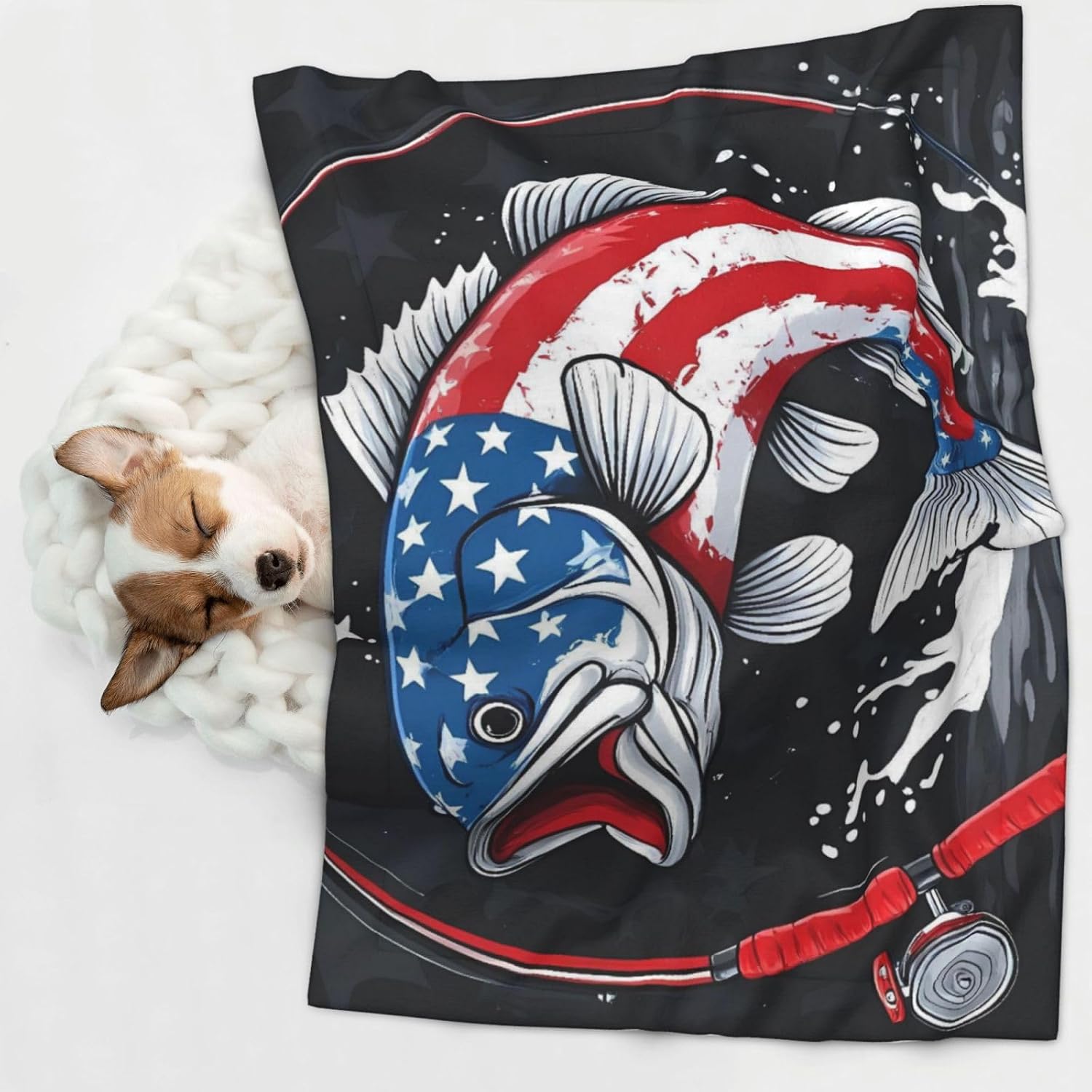 Largemouth Bass Fish in USA Print Soft Plush Pet Blanket, Washable Dog Blanket, Cat Fleece Throw, Puppy Bed Crate Mat & Sofa Couch Protector - Large