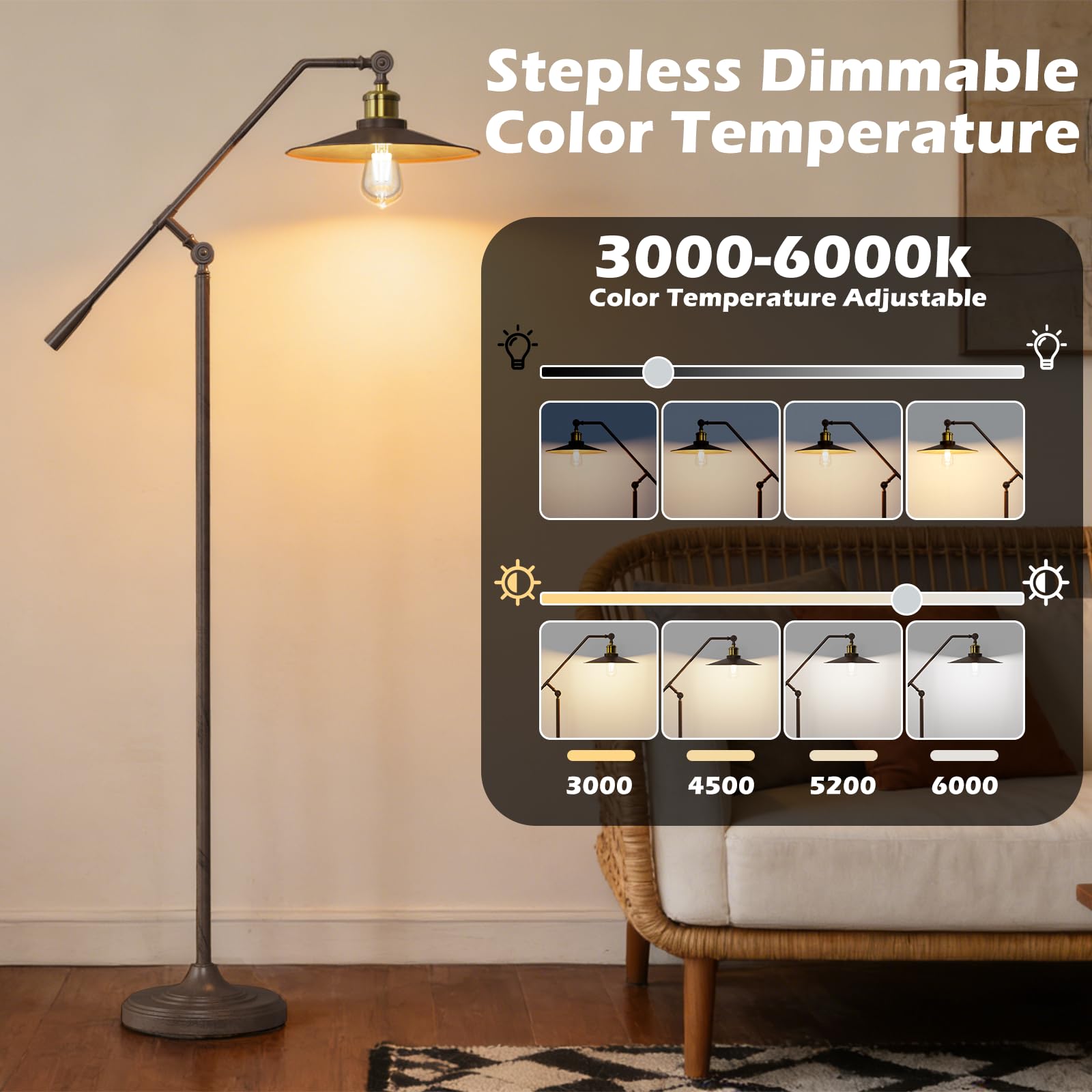 Stehlampe Wohnzimmer Vintage, Dimmbar Stehlampe Industrial mit Fernbedienung, 3000-6000K, Verstellbarer Arm, 6W LED Stehleuchte Retro Metall für Schlafzimmer Büro Arbeitszimmer, Braun