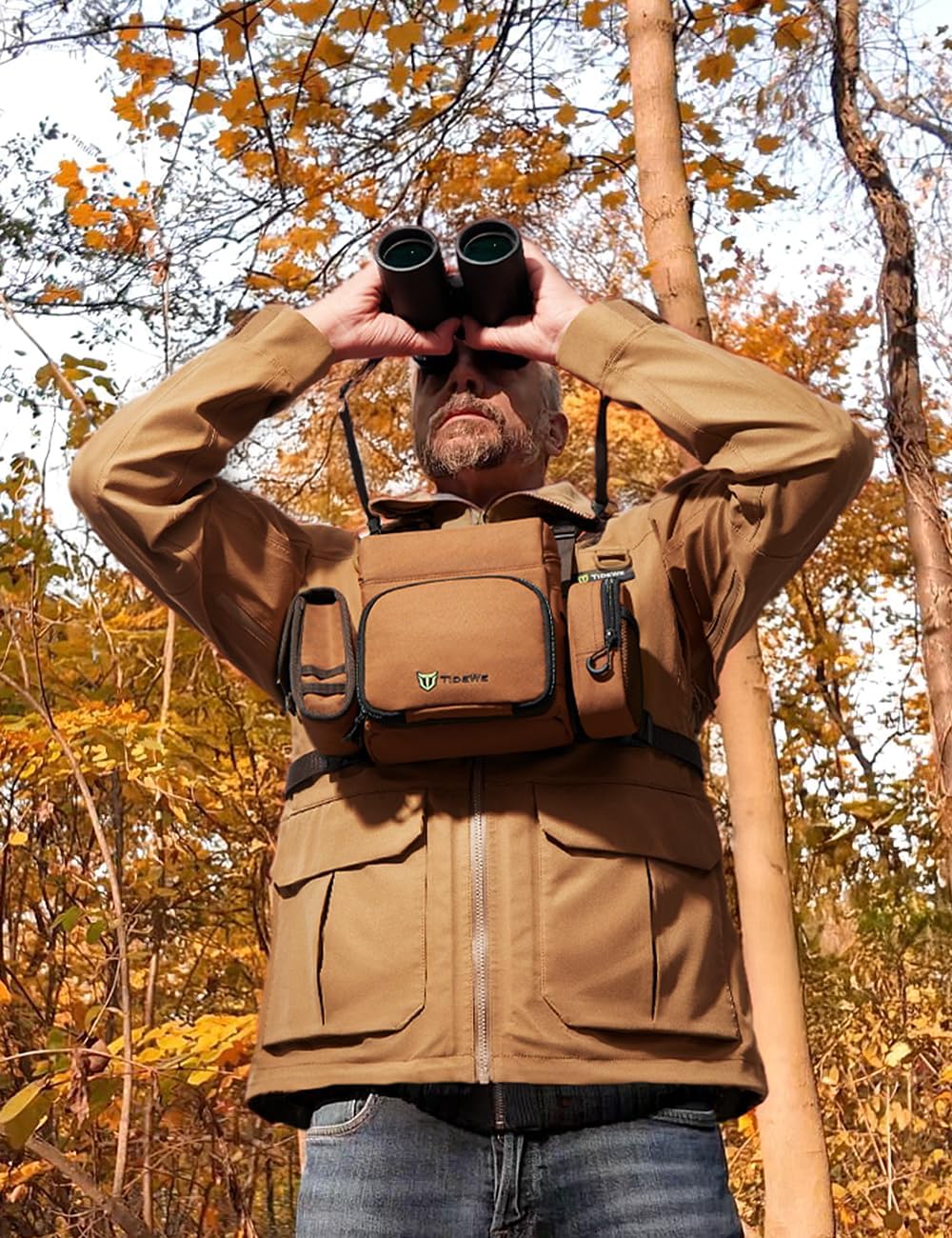 TIDEWE Binocular Harness Chest Pack with MOLLE System, 2 Detachable Pouches, Silent Magnetic Closure, Lightweight & Waterproof Bino Harness for Hunting, Hiking & Birdwatching, Brown - Image 6