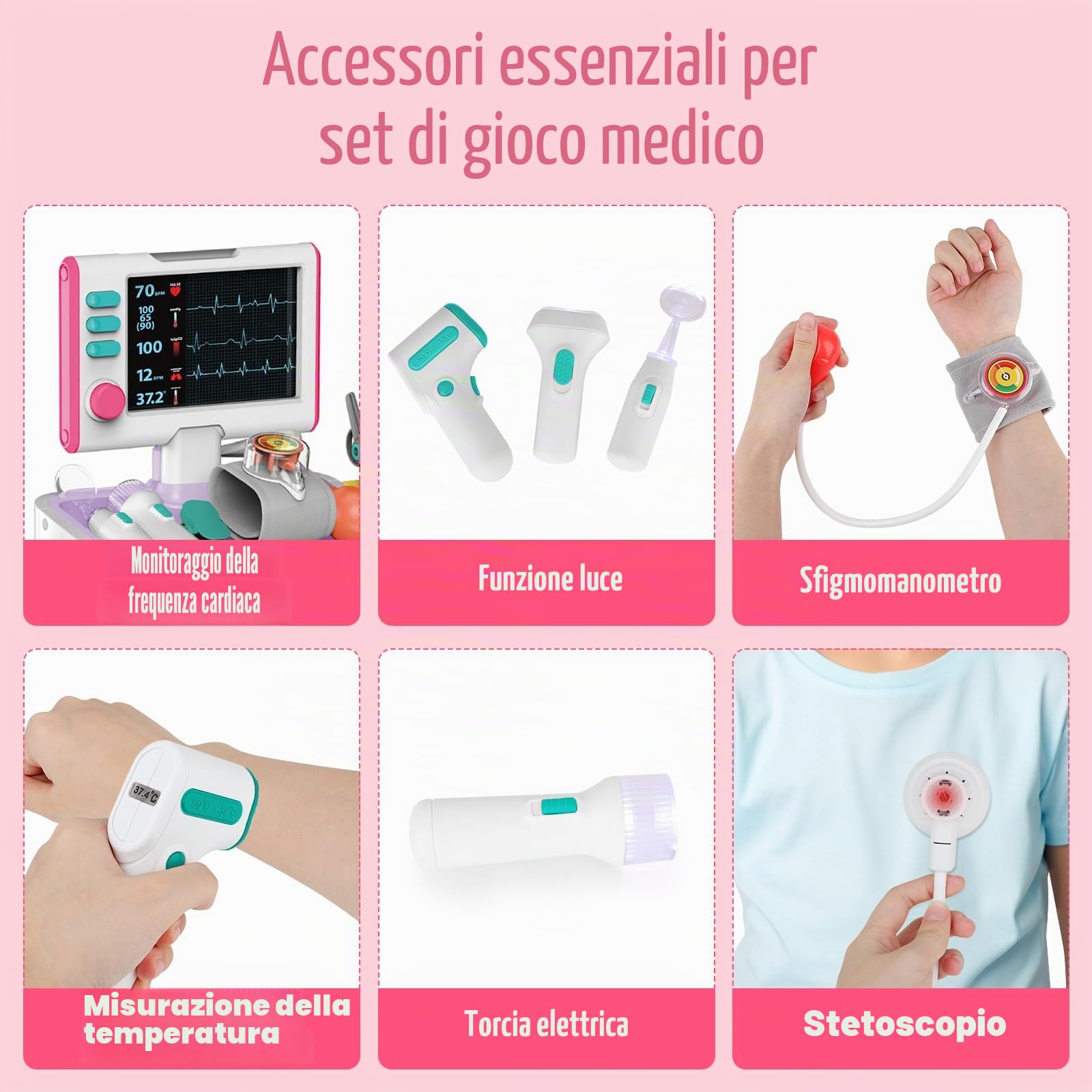 deAO Valigetta Dottore Bambini, Carrello Medico Giocattolo con Stetoscopio | Kit Dottoressa Bambina con Camice da Medico, Simulazione Dottore Accessori, Gioco di Ruolo Regalo (Rosa)