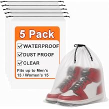 5 Pack Clear Shoe Bags for Travel Essentials, 15.7"11.8" PEVA Drawstring, Water-Resistant, Fits up to Mens 1213, Reusable Storage for Clothes & Toiletries, Keep Luggage Tidy & Odor-Free