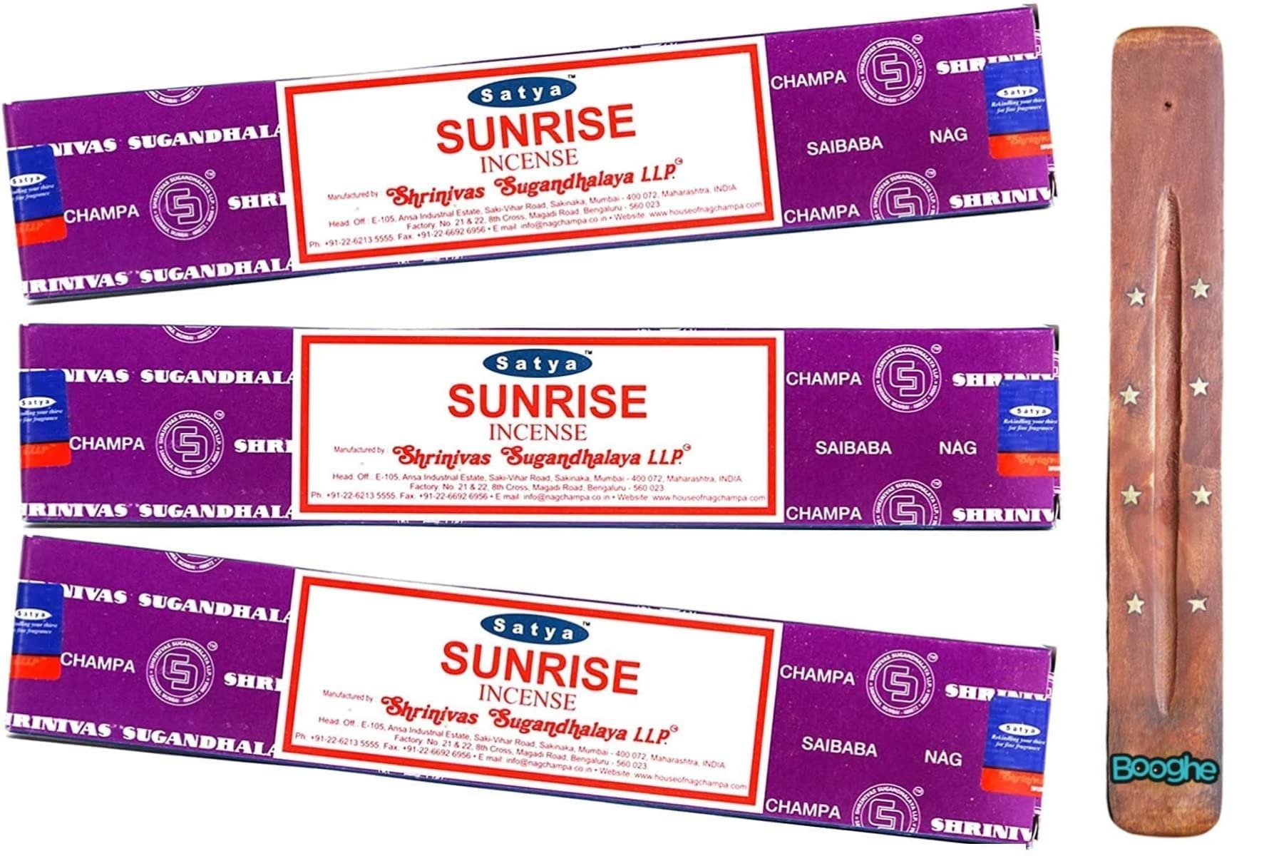 Satya Nag Champa Incense Sticks | x3 pack | with Booghe incense sticks holder (Sunrise)