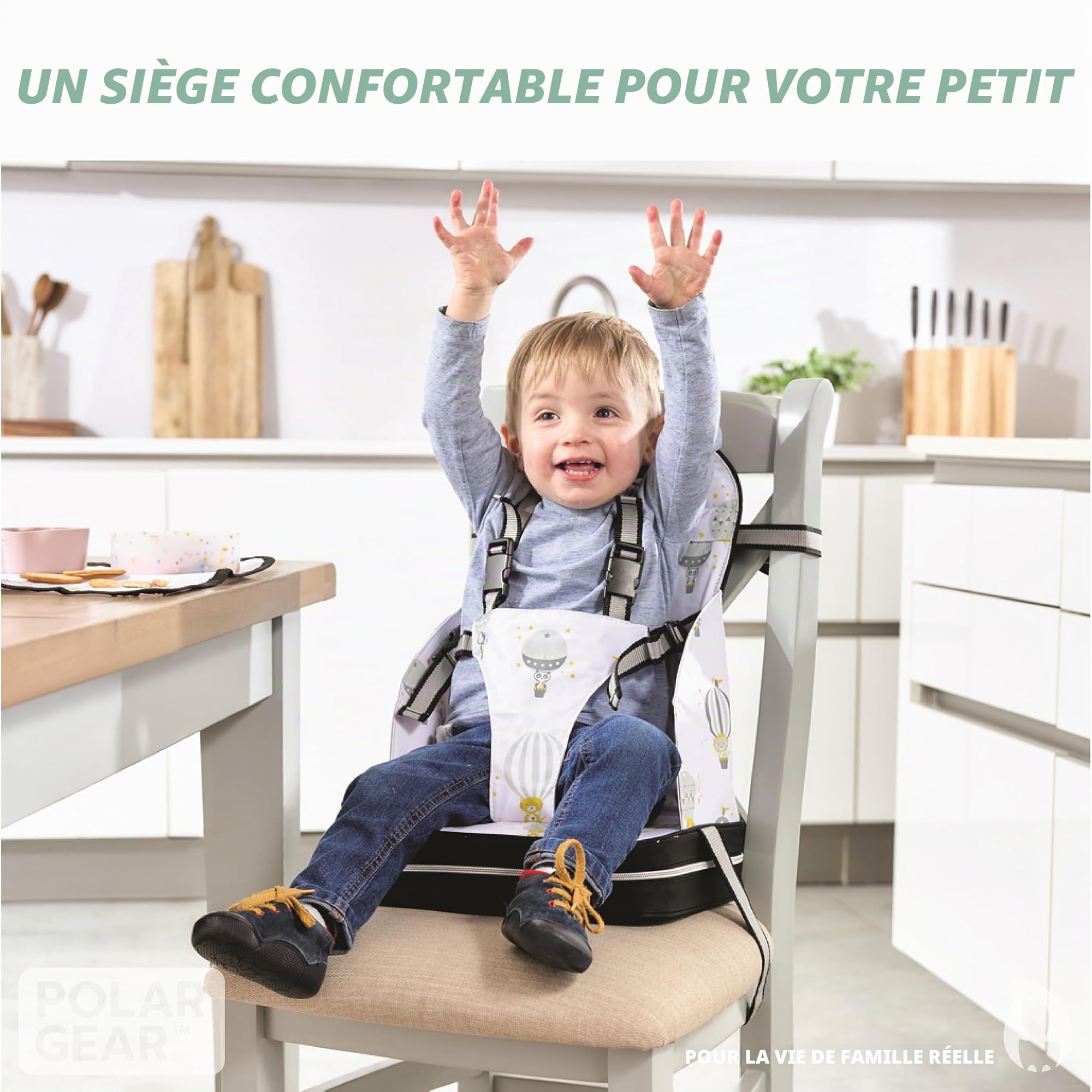 Polar Gear Chaise Alza avec napperon pour enfants, sans BPA, lavable, réutilisable et pliable, avec ceinture à 5 points