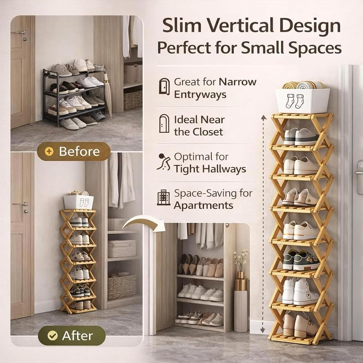 9-Tier No-Assembly Bamboo Rack,Foldable Corner Shoe Rack,Space-Saving Organizer for Shoes,No-Tool Narrow Shelf for Entryway Closet Dorm. (Brown,3-Tier)