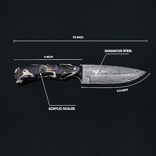 Miniatura 2 de Titan International Knives Cuchillo de caza y pelar de acero de Damasco con mango acrílico estabilizado incluye funda de cuero