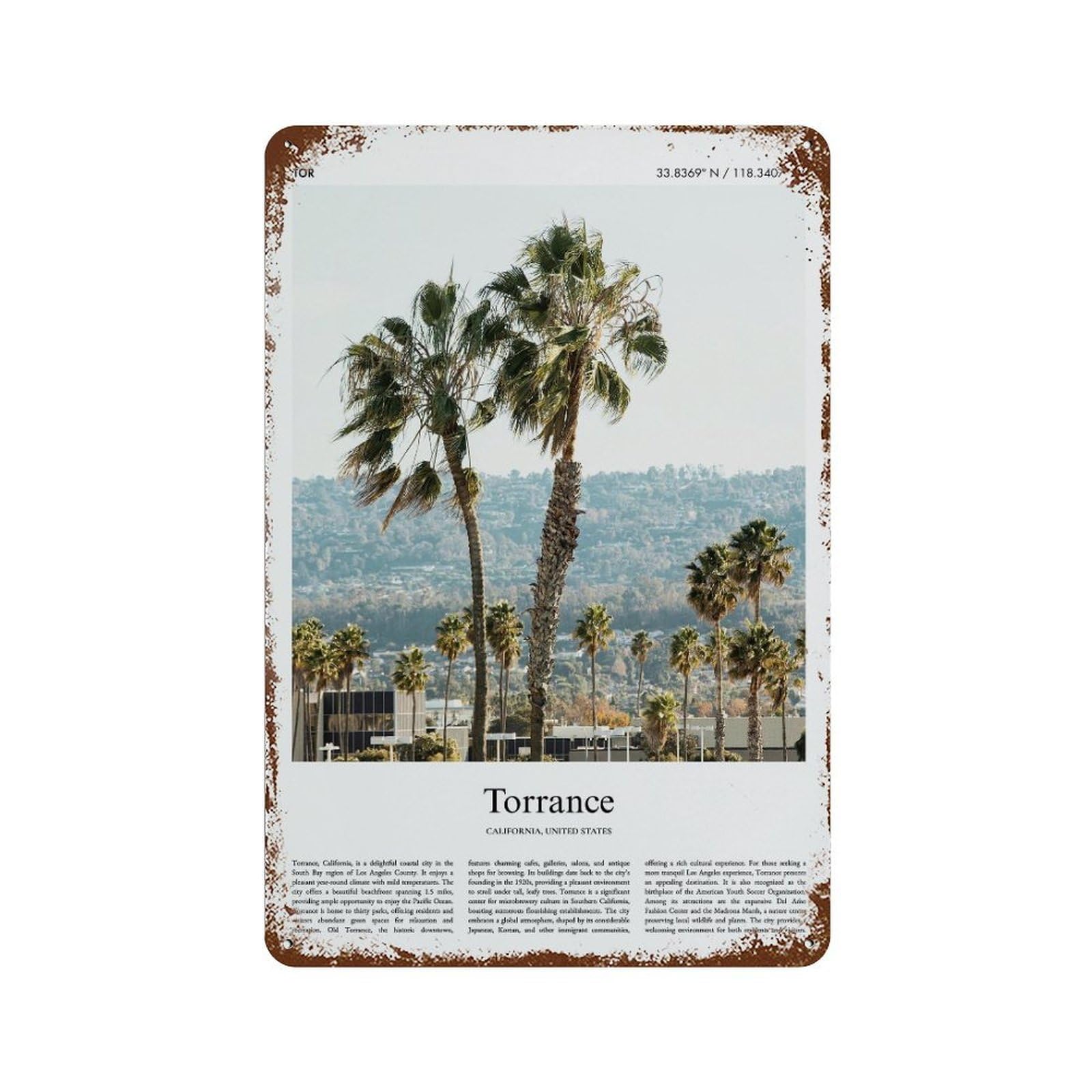 xiaoxiaoshen Torrance California, United States, USA City Scenery Wall Decor Art Metal Tin Poster Modern Home Decor Art Home Bar Shop Decorations Vintage Sign 30x20cm