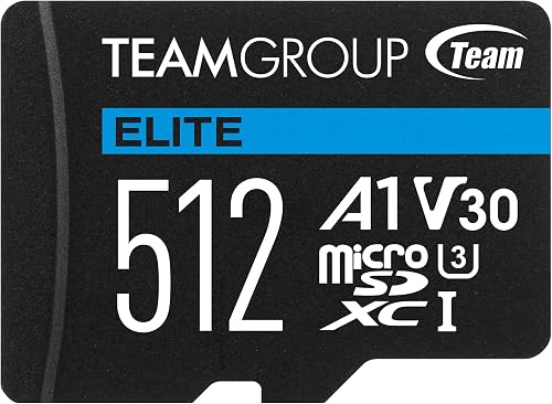 TEAMGROUP Elite A1 512GB microSDXC UHS-I U3 V30 A1 High Speed Flash Memory Card with Adapter for Phone, Android Mobile Device, 4K Shooting TEAUSDX512GIV30A103 (Read Speed up to 90MB/s)