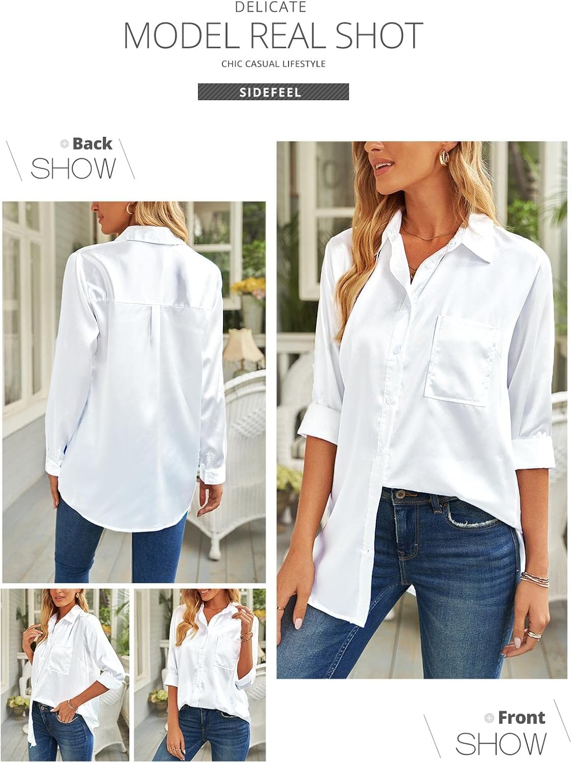 Sidefeel Women Silk Long Sleeve Button Down Blouse Lady Shirt Casual Business Smooth Blouse Tops Small White