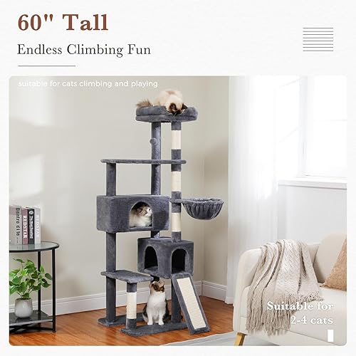 Miniatura 3 de PAWZ Road Árbol para gatos, torre para gatos de 60 pulgadas con condominios dobles, perca espaciosa, cesta acogedora y postes rascadores cubiertos