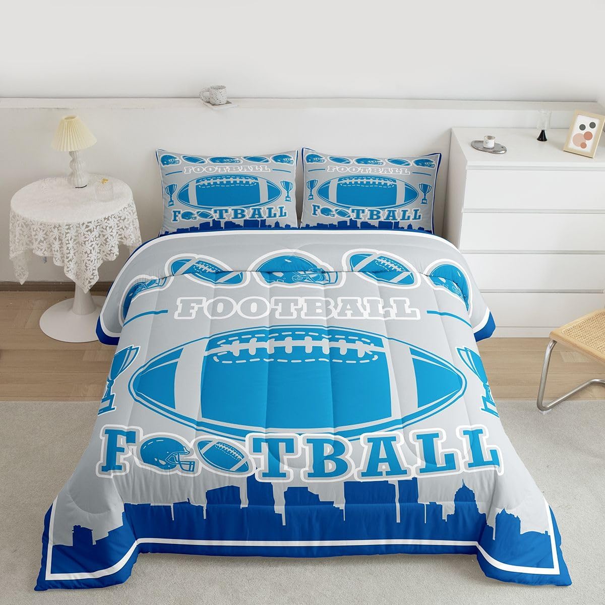 Erosebridal Blue Rugby Comforter Set Toddler Size,Football Bedding for Kids Boys Men,Football Lover Quilt,Sports Ball Game Duvet Insert for Sport Fans,Luxury Soft(Gray and Blue)