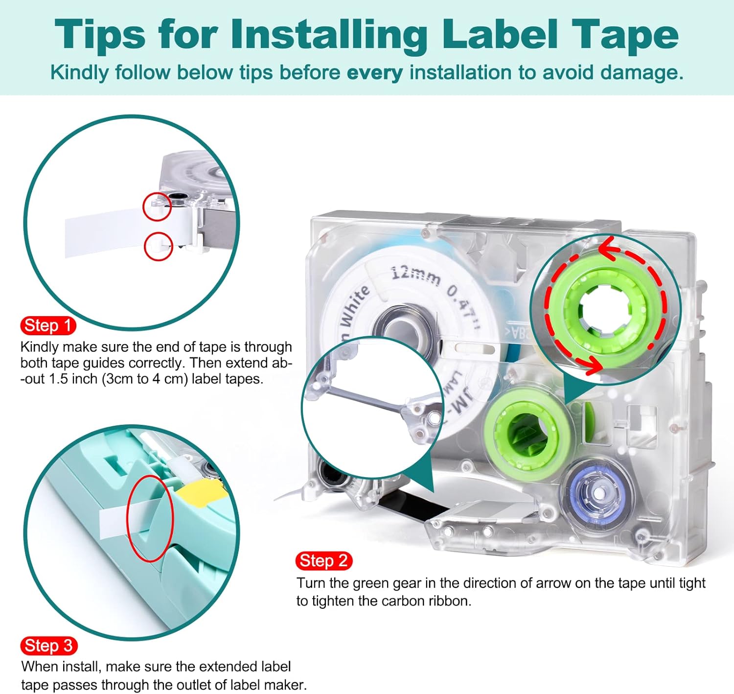 Diagram showing steps to install label tape in Labelife D210S