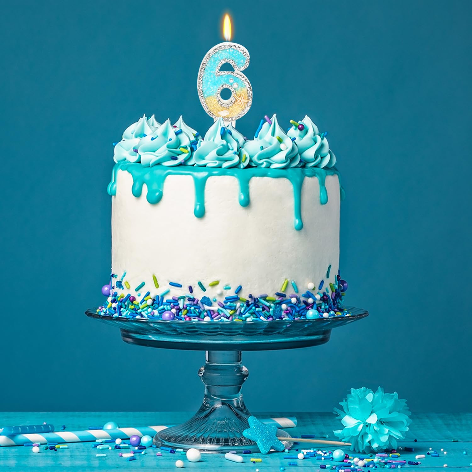 Vela de cumpleaños número 6 para pastel, velas de pastel con número 6 de estrella de mar de playa, vela de feliz cumpleaños número 6, decoración de pastel para fiesta de cumpleaños (número 6)