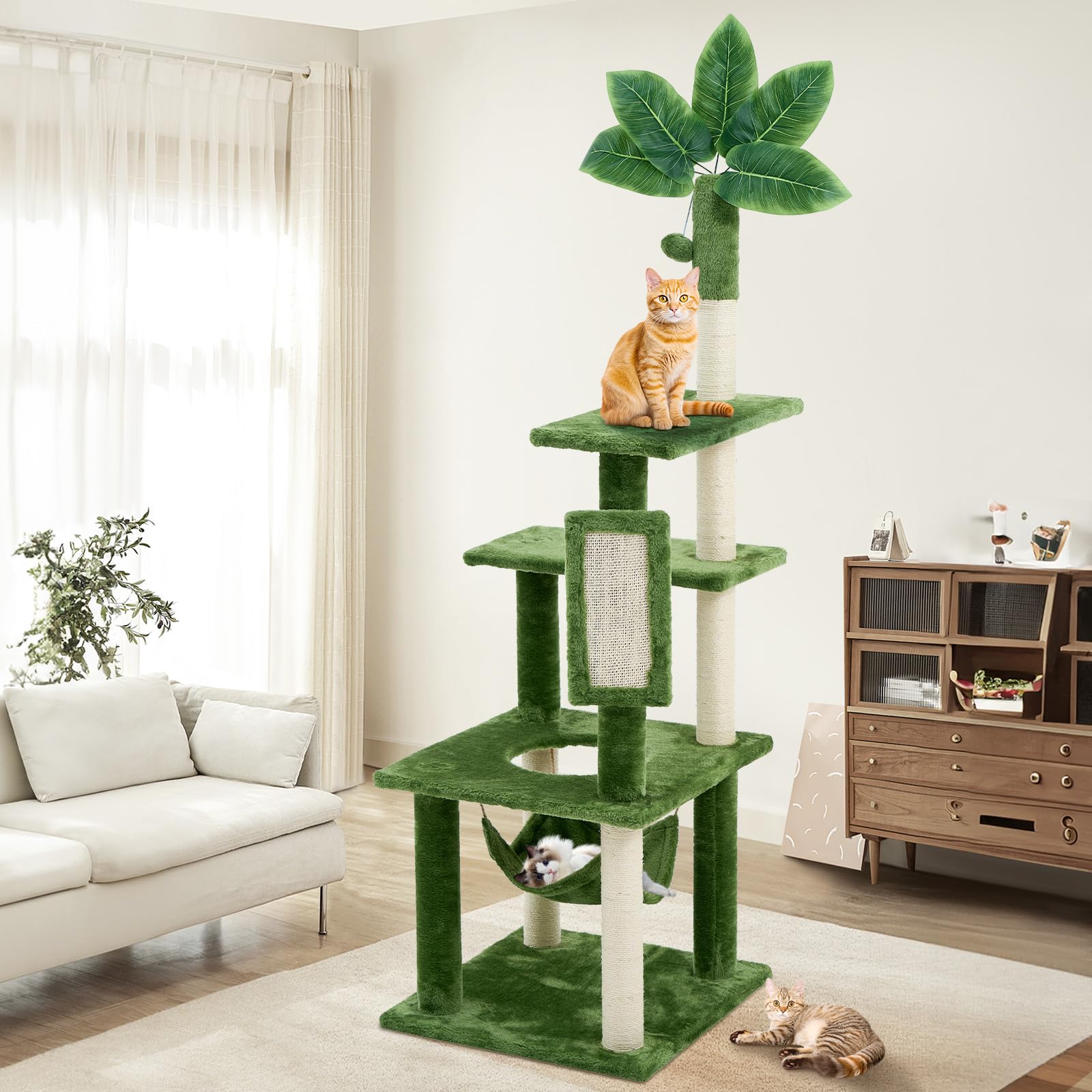 61" Large Cat Tree Tower for Indoor Cats with DIY Green Leaves Scratching Post Multi Soft Hang Ball Plush Cat House Furniture 360° Rotating Cat Scratch Board with Hammock, Square Green