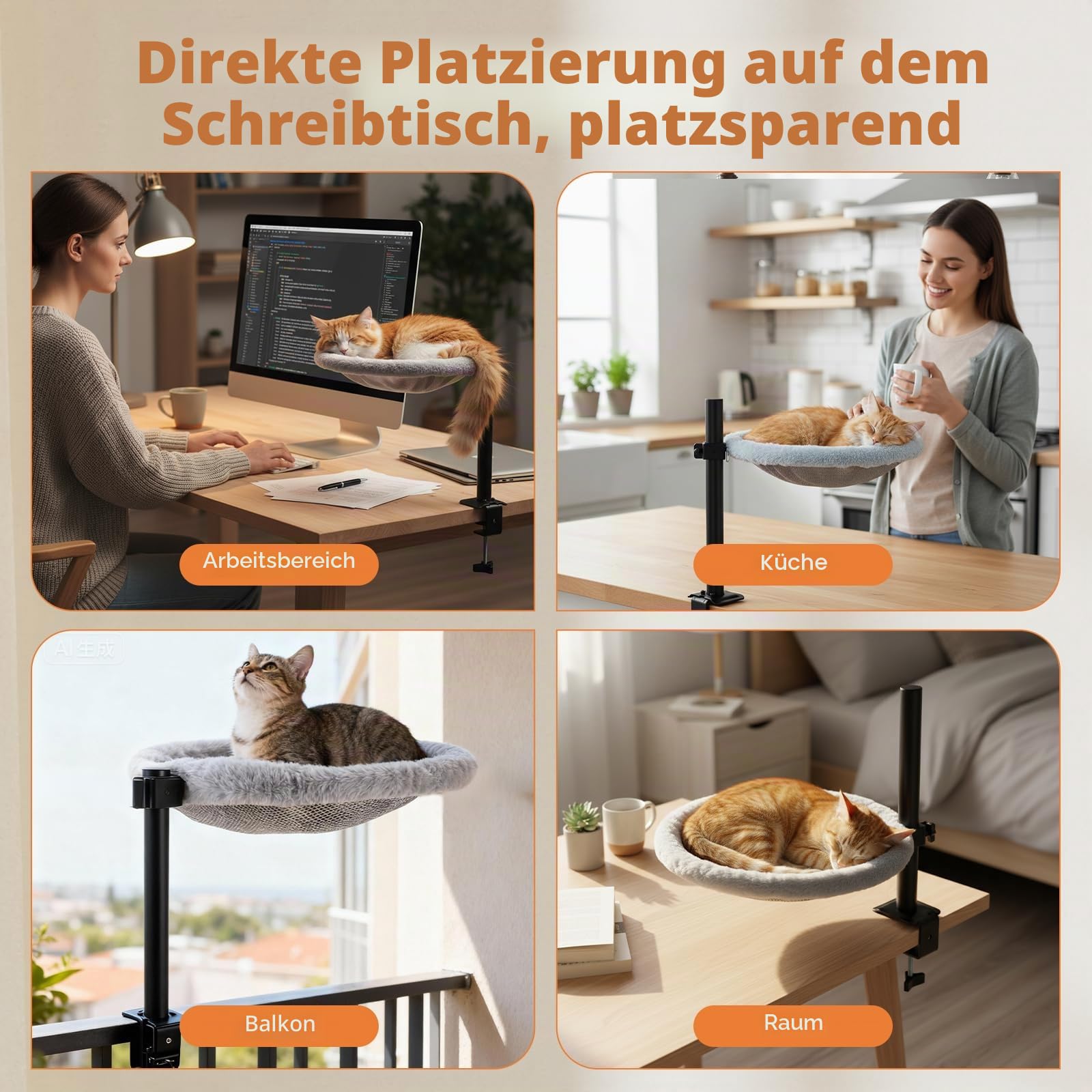 katzenbett Schreibtisch,katzenbett 360° drehbar und höhenverstellbar weiche katzenhängematte mit waschbaren bezügen,katzenschlafplatz fürs zuhause büro