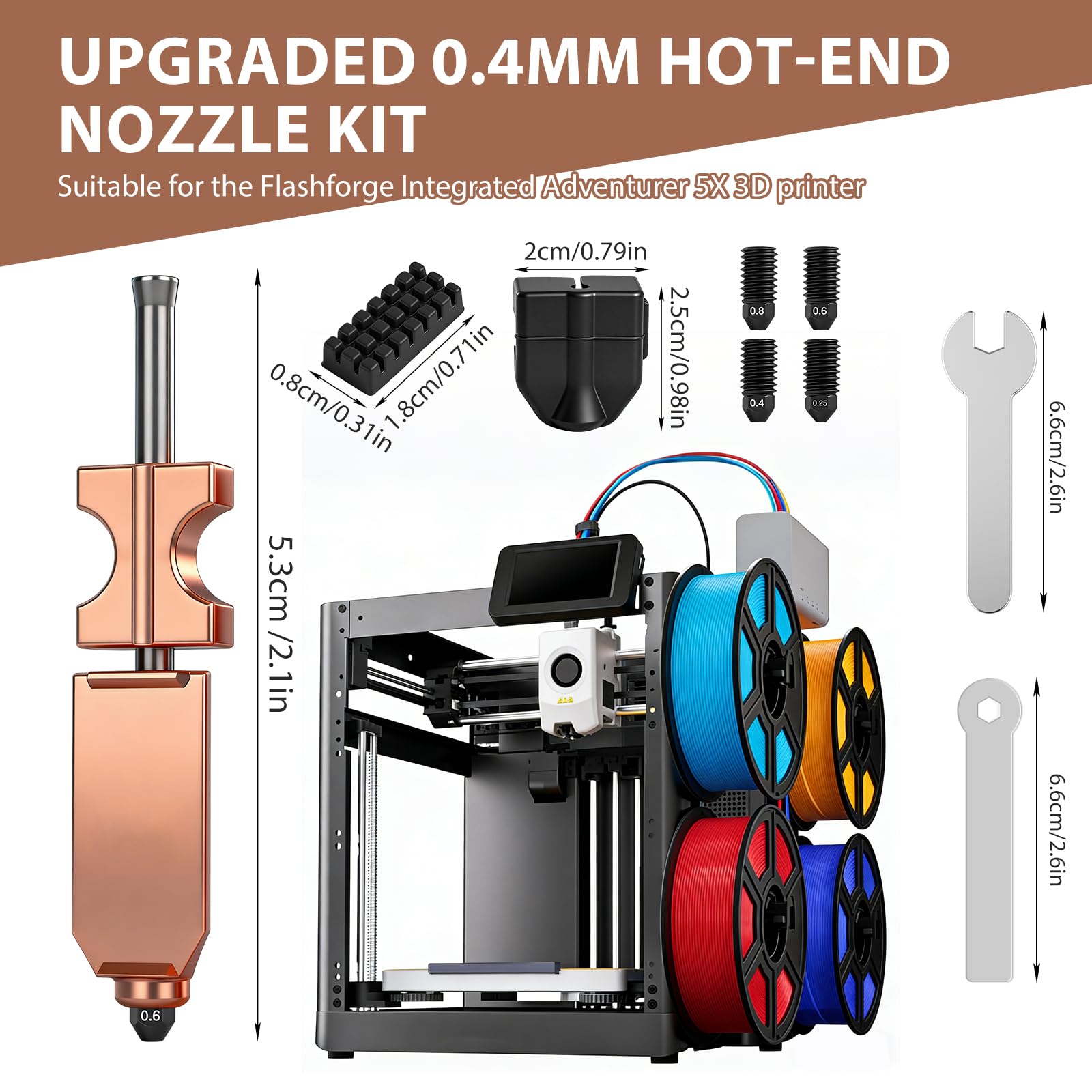 2 boquillas AD5X originales de 0,4 mm, con orificio de 0,25/0,6/0,8 mm, boquilla de acero endurecido, kit de boquilla de impresora 3D desmontable para accesorios de impresora 3D Flashforge AD5X (0,25