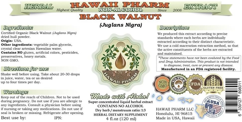 Hawaii Pharm Black Walnut Alcohol-Free Liquid Extract, Black Walnut (Juglans Nigra) Dried Hull Glycerite Natural Herbal Supplement 64 oz