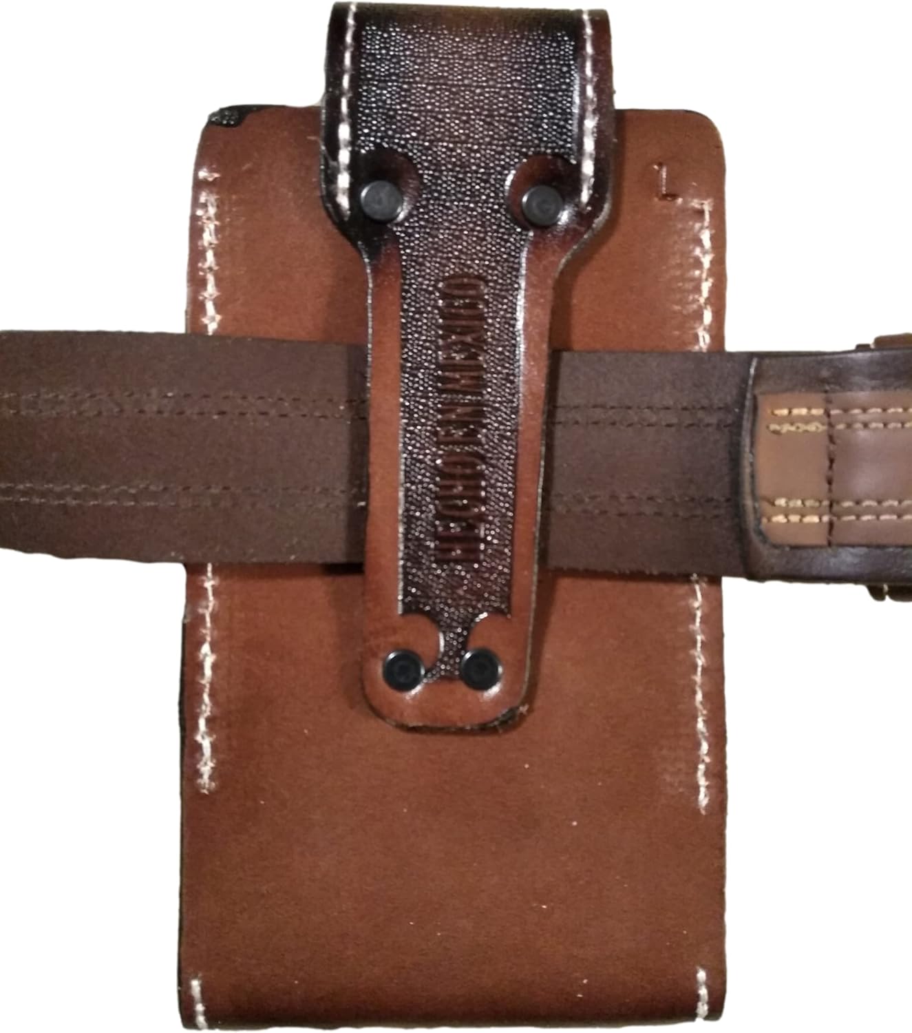 Western autentic Tooled Leather Mexican Cell Phone case for Belt. Men and Horse Pray Design. with Magnetic Closure. Universal Size (Brown)