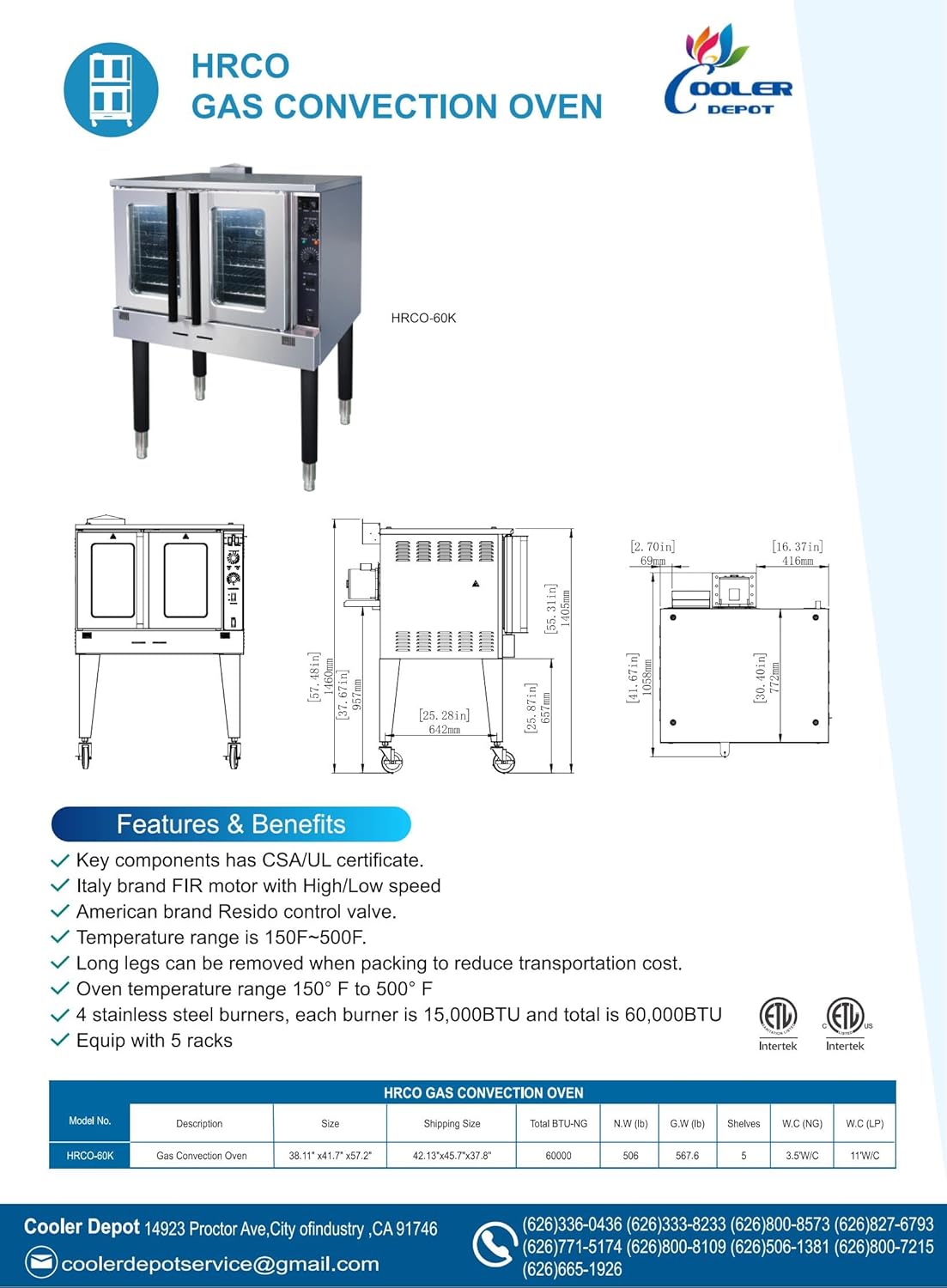 Commercial Convection Oven, Natural Gas, 60000 BTU, Single Deck, Four Legs, Restaurant Kitchen Bakery HRCO-60K