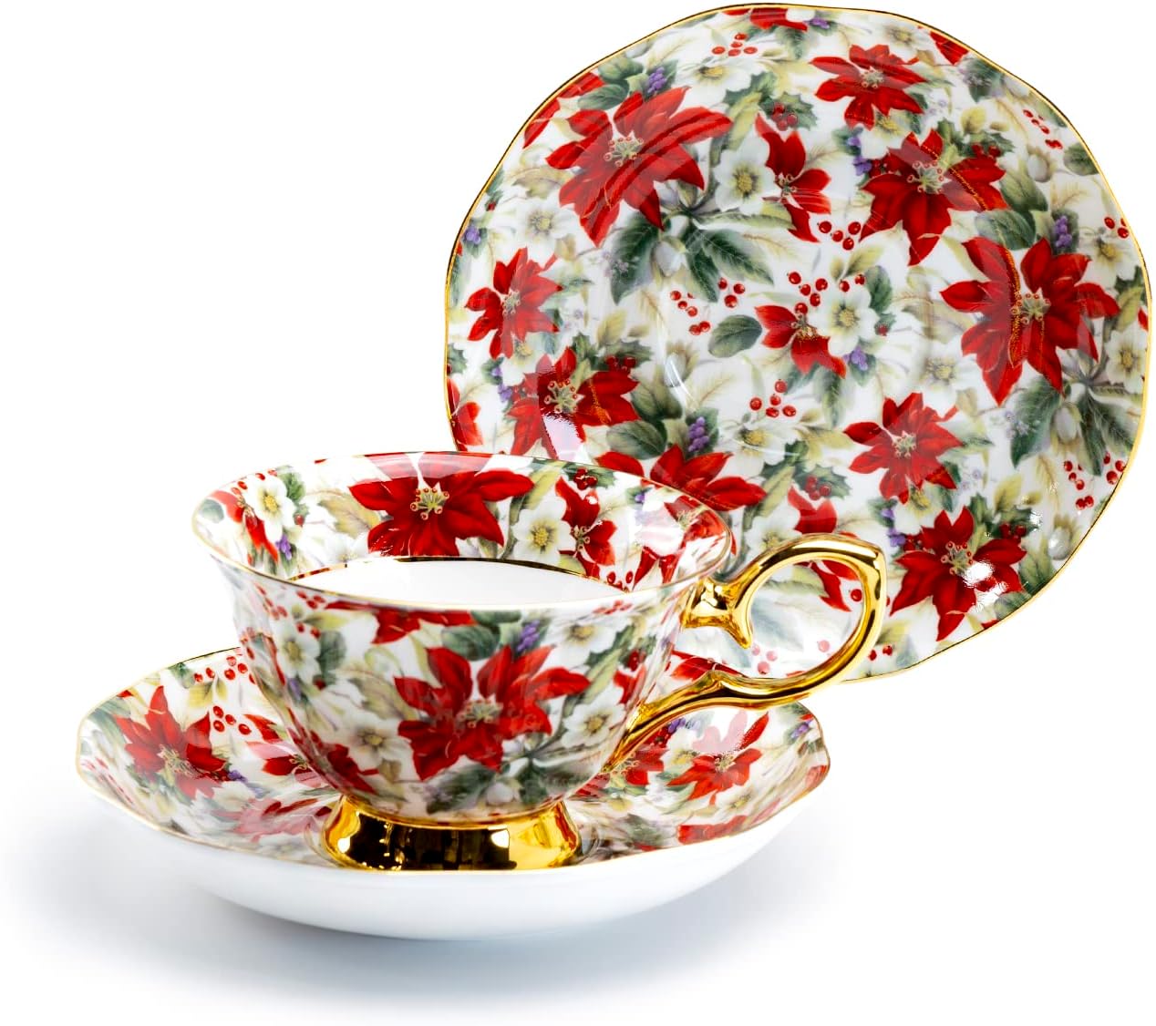 Poinsettia Chintz Gold Bone China Tea Cup and Saucer