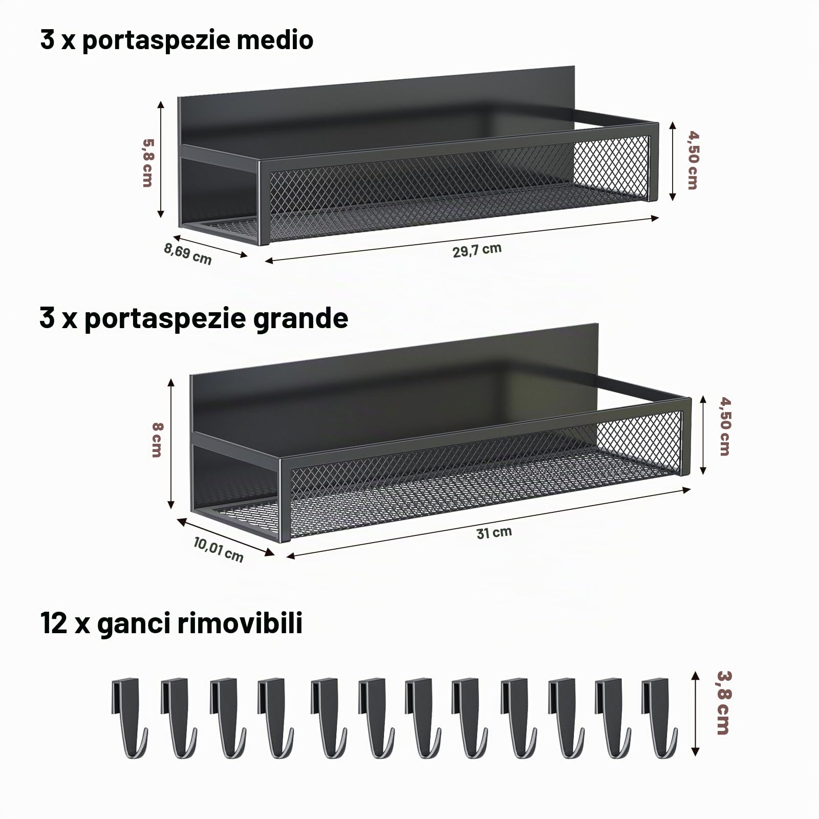 Aufworld Portaspezie Magnetico per Frigorifero, Pack 6 Scaffale con 12 Ganci Mobili per Organizzazione della Cucina