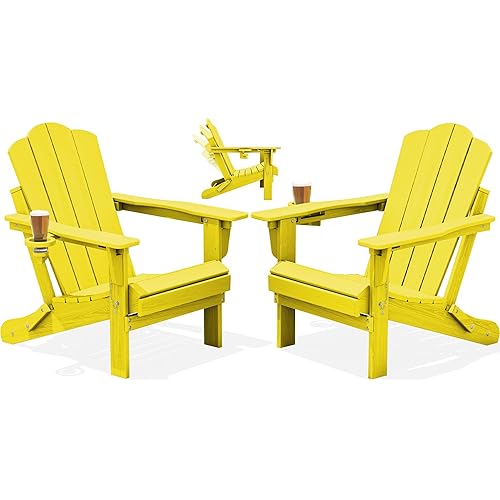 KINGYES Adjustable Folding Adirondack Chair Set of 2, 3-Position Reclining Adirondack Chairs with Cup Holder, HDPE All-Weather Oversized Adirondack for Outdoor, Patio, Backyard Deck, Fire Pit, Yellow